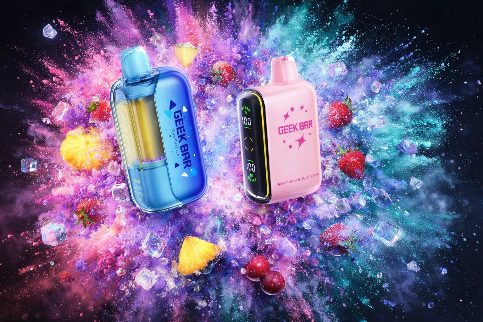 Two colorful vape devices labeled “GEEK BAR” are displayed against a dynamic explosion of fruits, ice, and vibrant colors. The blue device reads “GEEK BAR BLUE WAVE” with yellow internal components, while the pink device shows “100” on its digital display and the phrase “MAY THE PULSE BE WITH YOU.” Surrounding strawberries, pineapple pieces, and ice cubes enhance the energetic composition, highlighting fruity freshness and bold design variety.
