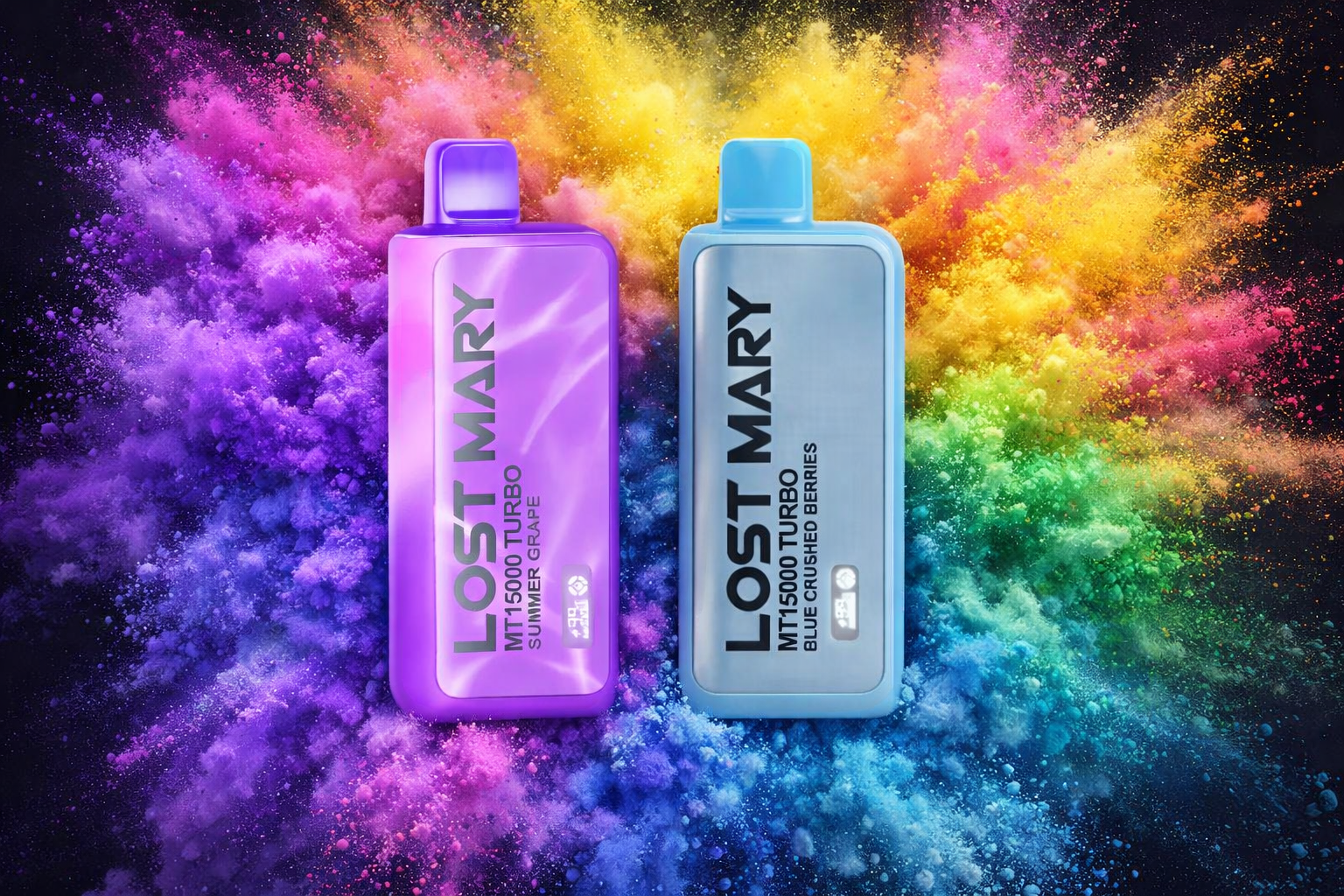The photo shows two rectangular vaping devices placed side by side against a vivid background of multicolored powder bursts. The left device is purple and labeled “LOST MARY MT15000 TURBO SUMMER GRAPE,” while the right one is light blue with the label “LOST MARY MT15000 TURBO BLUE CRUSHED BERRIES.” The dynamic explosion of colors in purple, blue, yellow, green, orange, and pink highlights the sleek design and emphasizes the energetic flavor variety.