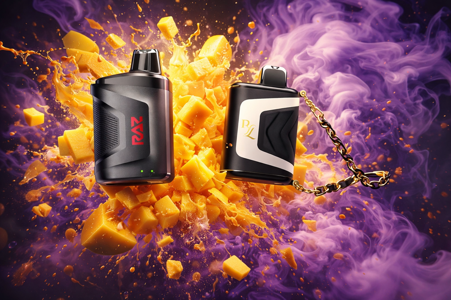 The photo shows two sleek vape devices set against a dynamic background of exploding orange cubes and swirling purple vapor. The left device is black with red text reading “RAZ” and two green indicator lights, while the right one is black and white with gold accents, featuring the letters “PL” and a gold chain. The vivid colors and motion effects create a striking, energetic composition that emphasizes style and modern design.