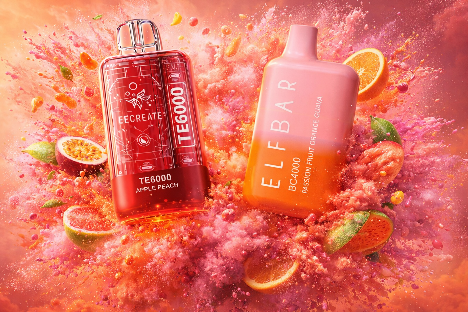 The photo shows two colorful vape devices placed in a vibrant, fruit-filled scene. The red device is labeled “EECREATE TE6000 APPLE PEACH,” while the orange-pink one is marked “ELFBAR BC4000 PASSION FRUIT ORANGE GUAVA.” Around them, slices of peach, guava, orange, and passion fruit burst with bright colors, emphasizing freshness and intense fruity flavors.