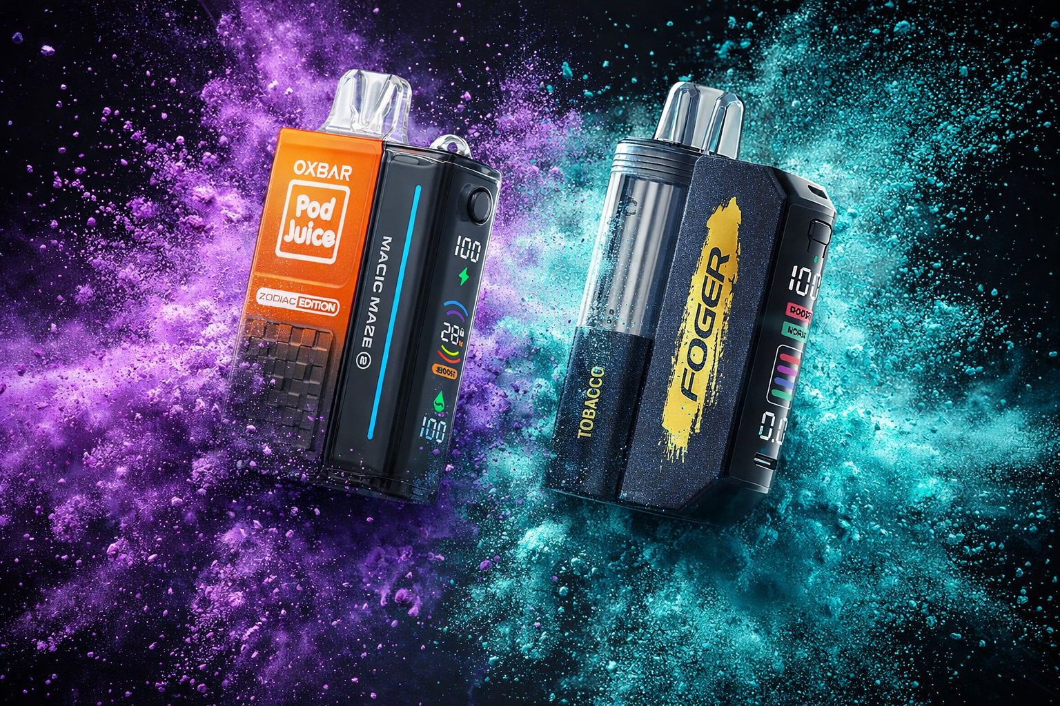 The photo shows two vape devices set against a dynamic background of colorful powder bursts. The left device is labeled “OXBAR Pod Juice ZODIAC EDITION MAGIC MAZE” with a digital display showing battery, temperature, and power indicators, while the right one reads “FOGER TOBACCO” with its own digital screen. Bright purple and teal powder explosions highlight the devices, creating a vivid and striking promotional composition.