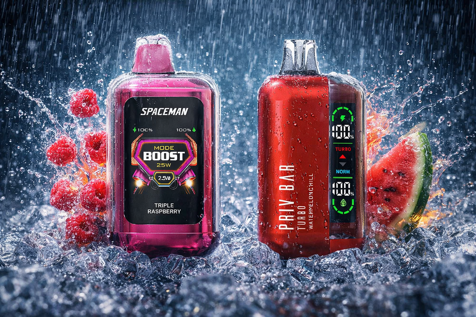The photo shows two vape devices placed on a wet surface with splashing water and fruit elements. The pink device is branded “SPACEMAN” with the text “TRIPLE RASPBERRY,” while the red one is labeled “PRIVY BAR TURBO WATERMELON CHILL” with a digital-style display showing “100%” and “TURBO.” Fresh raspberries and watermelon slices in the background, combined with dynamic water splashes, create a vibrant and energetic atmosphere highlighting fruity flavors.