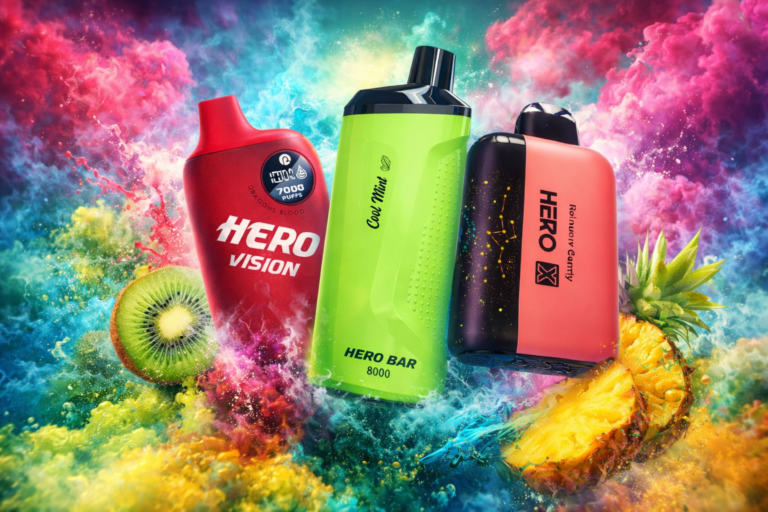 The photo shows three colorful vape devices placed against a vibrant explosion of powder and fruit. On the left, the red device labeled “HERO VISION” features the flavor “Dragon’s Blood,” while the bright green middle device reads “Cool Mint” with “HERO BAR 8000.” To the right, a pink and black vape marked “HERO X” highlights “Rainbow Candy,” surrounded by kiwi and pineapple slices in a dynamic, energetic composition.