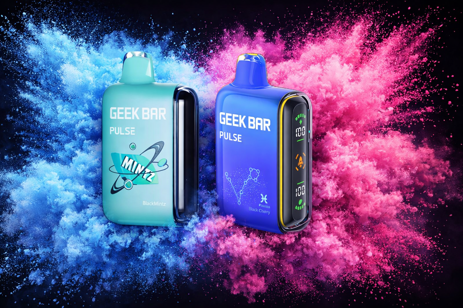 The photo shows two brightly colored vaping devices labeled “GEEK BAR PULSE.” The turquoise device reads “MINTZ BlackMintz” and is surrounded by a burst of blue powder, while the dark blue device is labeled “Black Cherry” with a molecular-style graphic against a pink powder explosion. The contrasting color bursts and sleek designs with digital displays create a dynamic composition that highlights the freshness and intensity of the two flavor variants.