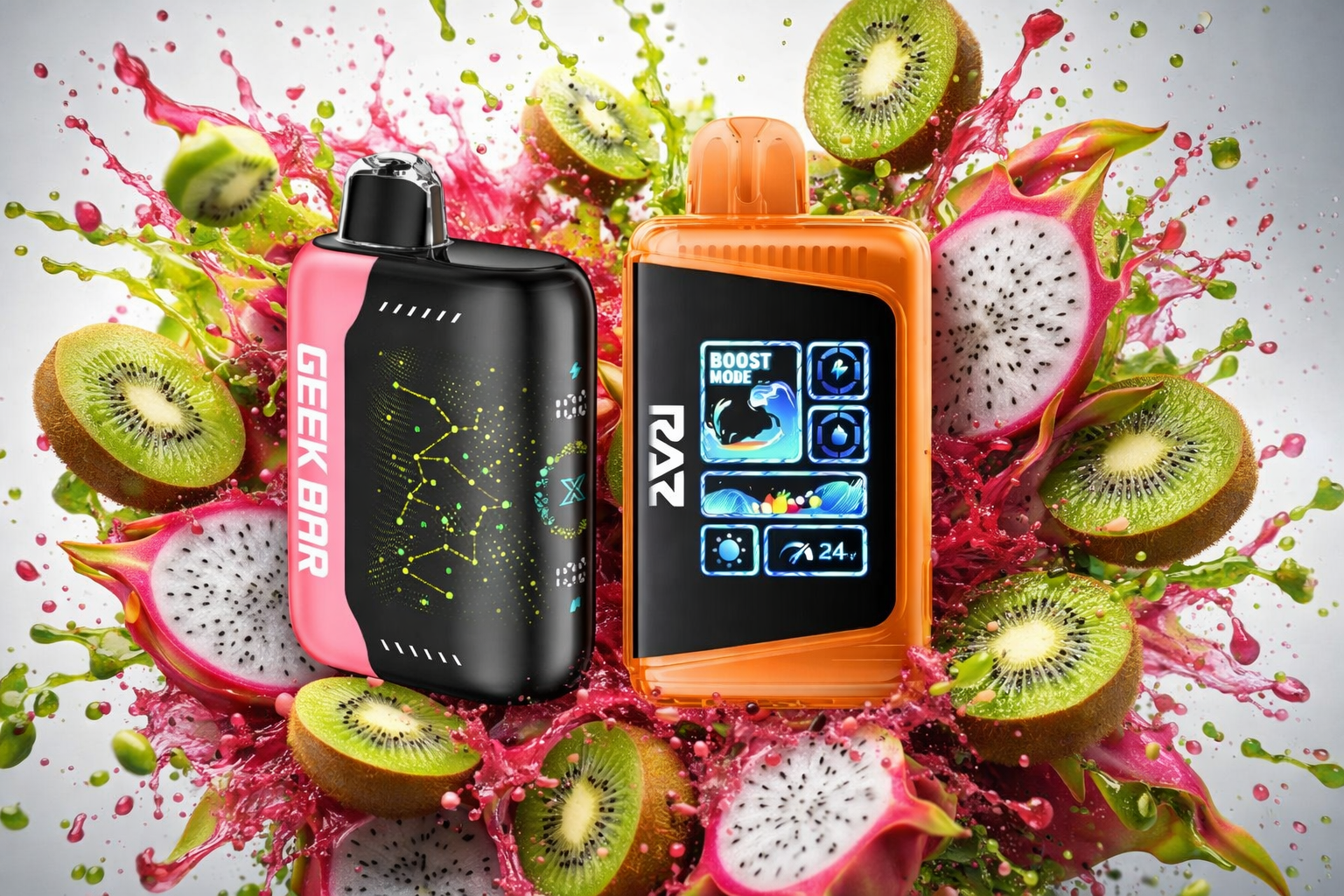 The photo shows two colorful vape devices placed in front of a vibrant background filled with splashes of liquid and sliced fruits. The black and pink device is labeled “GEEK BAR” with a constellation-like pattern, while the orange device labeled “RAZ” features a digital display with “BOOST MODE.” Kiwi and dragon fruit slices, along with dynamic bursts of color, create a striking composition that emphasizes fruity freshness and modern design.