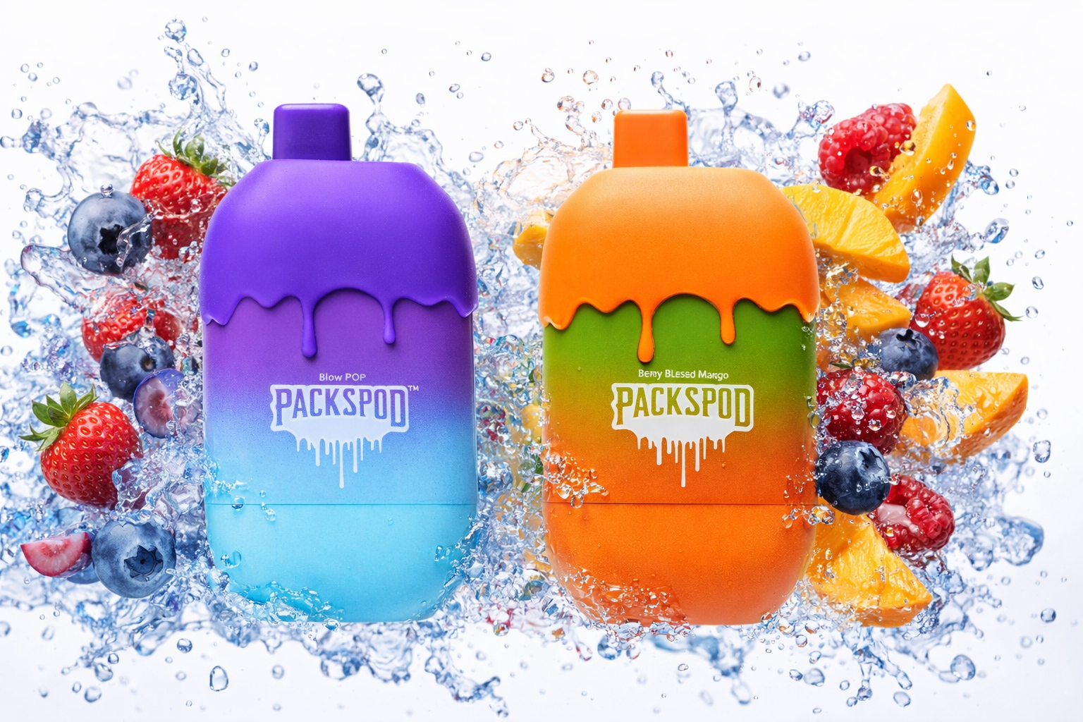 Two colorful vape devices are displayed against a vibrant background of splashing water and fruits. The purple and blue device is labeled “Blow POP PACKSPOD™,” while the orange and green one reads “Berry Blessed Mango PACKSPOD™.” Surrounding strawberries, blueberries, raspberries, and slices of orange and mango enhance the dynamic composition, emphasizing freshness and fruity flavors.