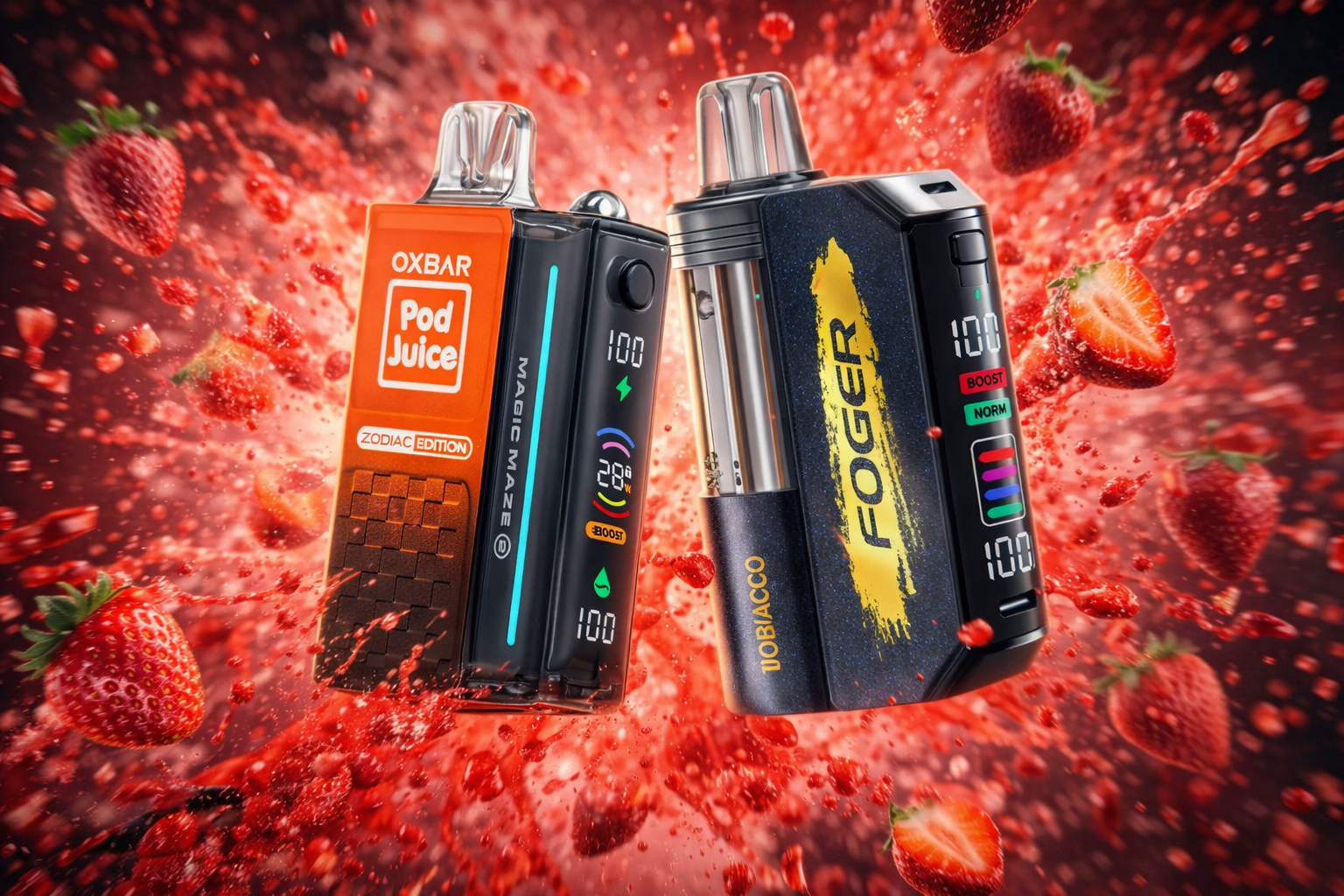 Two electronic vape devices are displayed in a vivid strawberry-themed composition. The left orange and black device labeled “OXBAR Pod Juice ZODIAC EDITION MAGIC MAZE” shows a digital screen with “100,” “20,” “BOOST,” and a droplet icon. The right dark blue and yellow device marked “FOGER TOBACCO” also features a digital display with “100,” “BOOST,” “NORM,” and colored bars, surrounded by splashing strawberries and bright red tones.