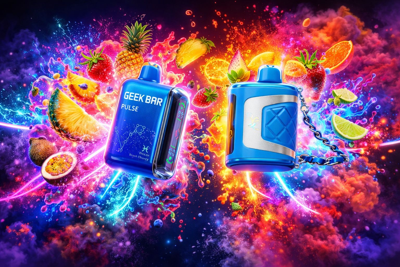Two brightly colored vape devices are displayed in a dynamic composition filled with neon light effects and fruit imagery. The left device, labeled “GEEK BAR PULSE” with “Pisces Black Cherry,” features a constellation graphic, while the right blue device has metallic accents and a chain. Surrounding fruits like pineapple, strawberry, lime, orange, passionfruit, and dragon fruit burst through swirling clouds of pink, purple, orange, and blue, creating a vibrant electrified atmosphere.