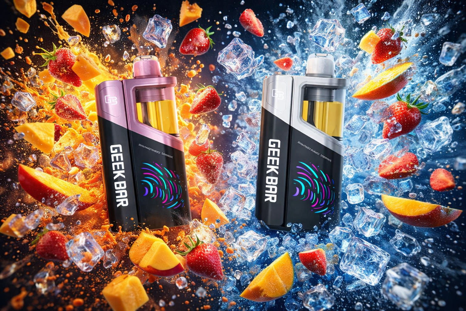 The photo shows two sleek electronic vape devices labeled “GEEK BAR,” each with a transparent section revealing yellow liquid inside. The left device has a metallic pink top and black body, while the right one features a metallic silver top and black body, both accented with colorful swirl graphics. Surrounding them are dynamic splashes of strawberries, peach slices, mango chunks, and ice cubes, set against warm orange-red tones on the left and cool blue-silver tones on the right, highlighting tropical and refreshing flavor contrasts.