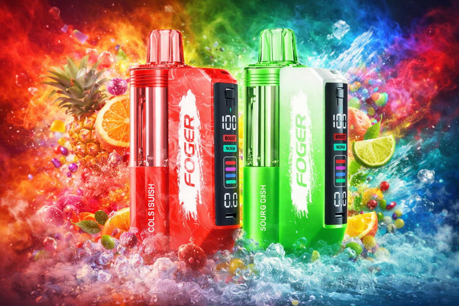 Two colorful vape devices labeled “FOGER” are displayed against a vivid explosion of colors and fruit imagery. The red device reads “COLS ISUISH,” while the green device shows “SOUR GISH,” both featuring digital displays with indicators like “BOOST” and “NORM.” Pineapple, orange slices, lime, berries, and ice cubes surround them in a dynamic composition that emphasizes fruity freshness and vibrant energy.