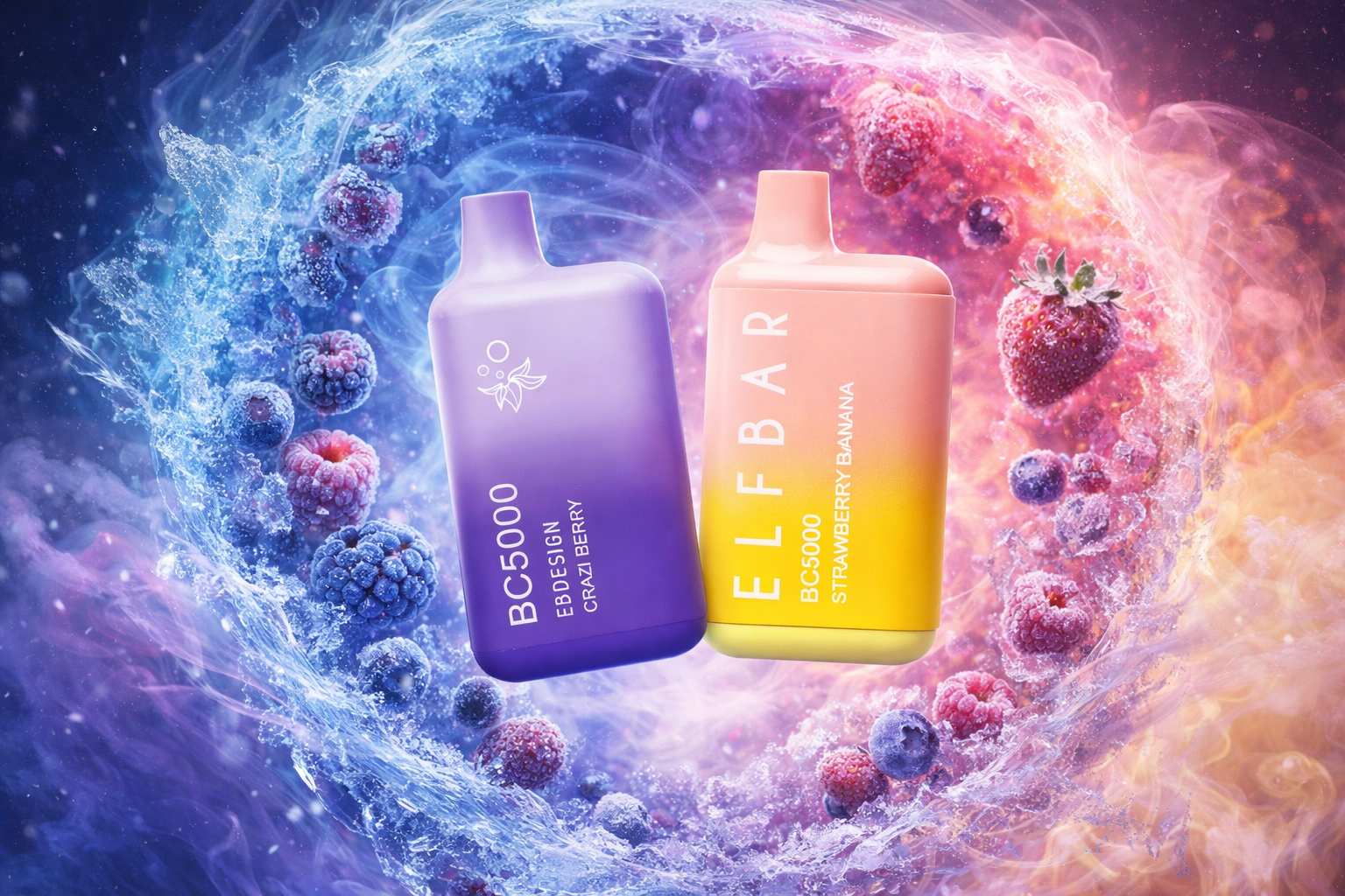 The photo shows two vape devices surrounded by frozen berries and swirling vapor effects. The purple device is labeled “BC5000 EB DESIGN CRAZI BERRY,” while the orange-and-yellow one reads “ELFBAR BC5000 STRAWBERRY BANANA.” A dynamic mix of cool blue and warm pink hues in the background highlights the contrast of flavors and sensations.