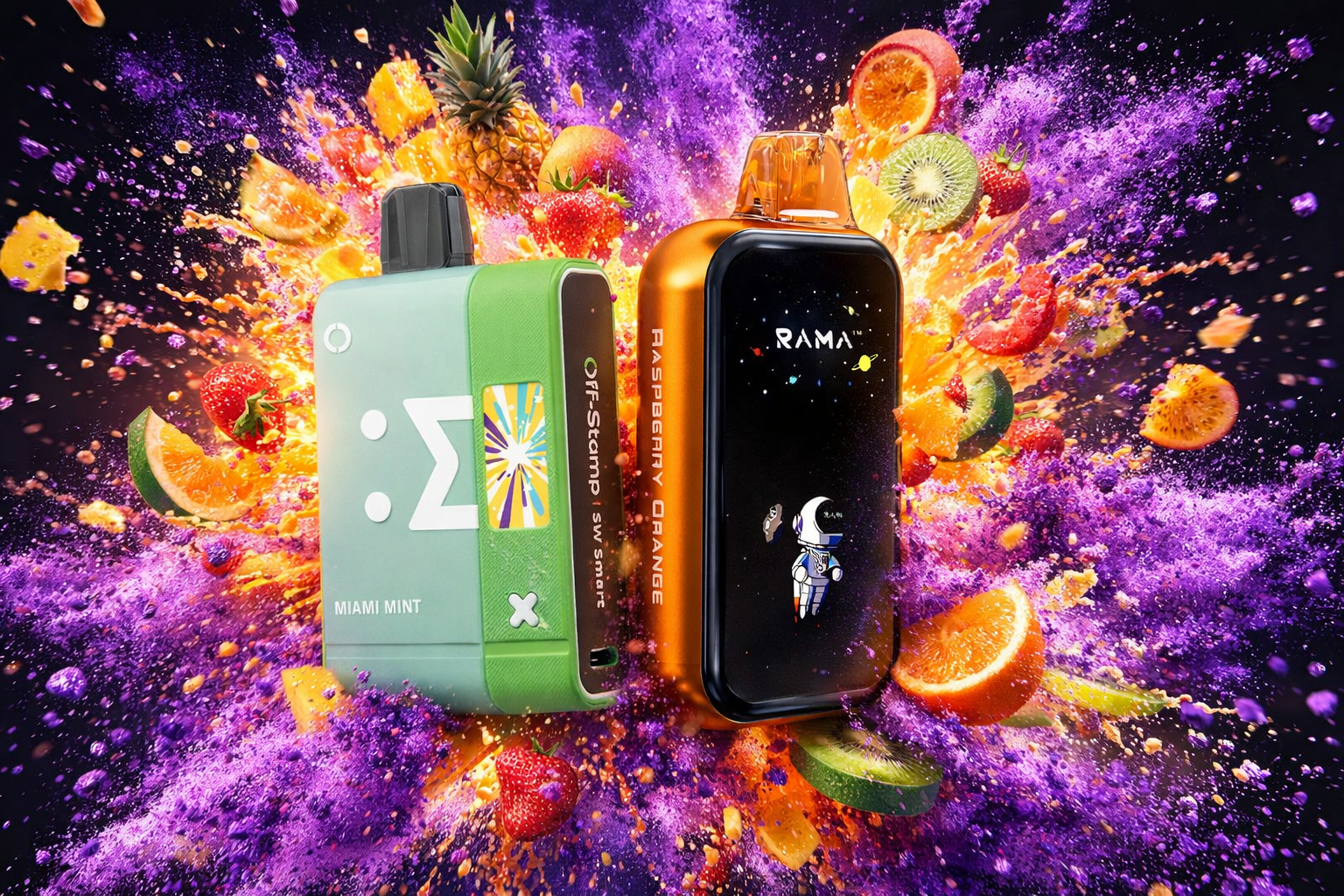 The photo shows two colorful vape devices surrounded by a vibrant explosion of fruits and powder effects. The green device labeled “MIAMI MINT” features a white sigma symbol and the text “OffStamp Ssw Smart,” while the orange-and-black device reads “RAMA” with the flavor “Raspberry Orange” and a small astronaut graphic. Dynamic splashes of purple and orange powder with fruits like pineapple, kiwi, orange, strawberry, and watermelon create an energetic composition that emphasizes freshness and bold flavor.