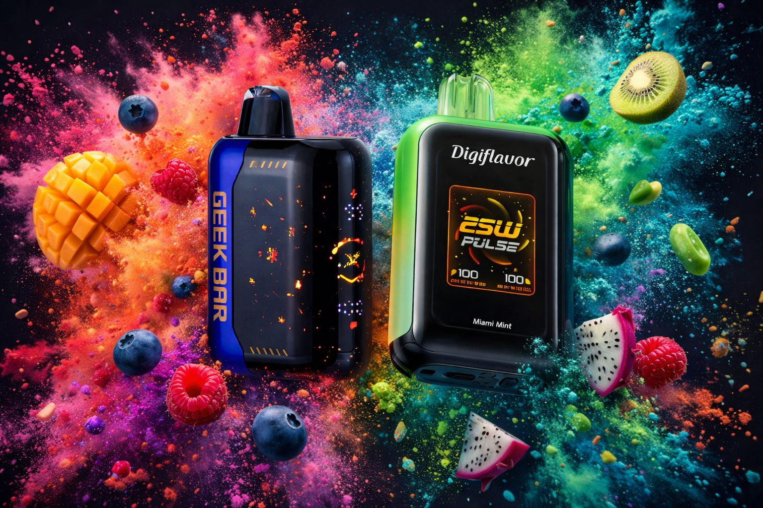 Two colorful vape devices are surrounded by a dynamic explosion of fruits and multicolored powder clouds. The dark blue-and-black device labeled “GEEK BAR” features orange text and pixel-like graphics, while the green-and-black device labeled “Digiflavor” displays “ZSW PULSE,” “100,” and “Miami Mint.” Floating mango, dragon fruit, kiwi, berries, and candies enhance the energetic composition, emphasizing bold flavors and intensity.