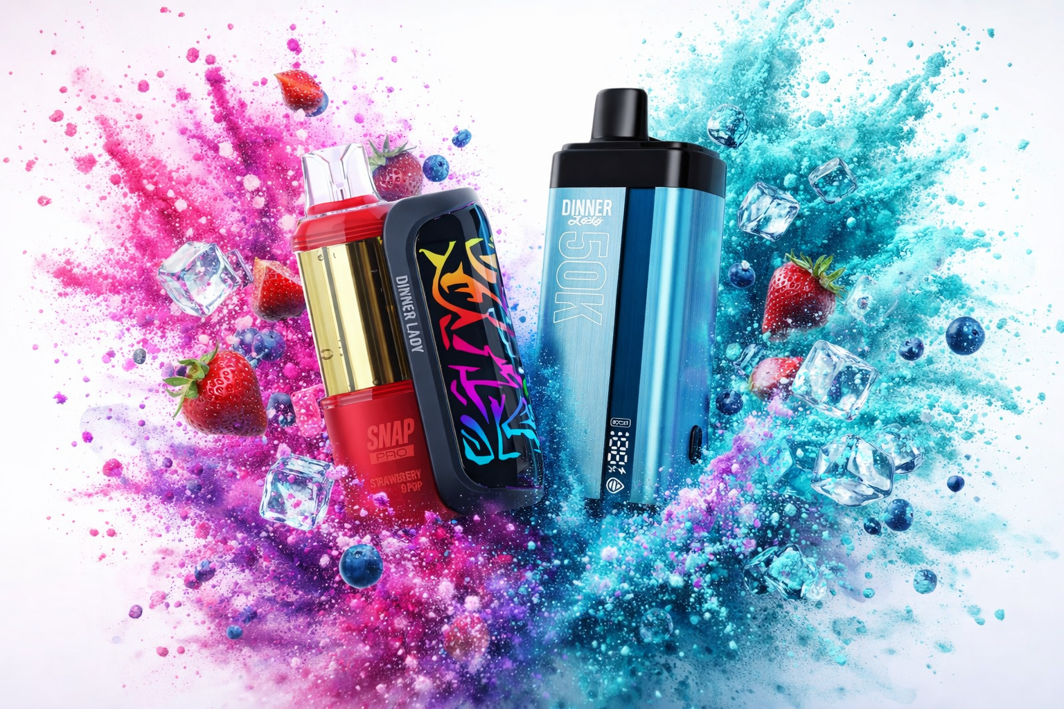 The photo shows three colorful vape devices surrounded by dynamic splashes of powder and fruit imagery. The left device is red and gold labeled “SNAP PRO STRAWBERRY SLIPP,” the middle one features a multicolored graffiti-style design with “DINNER LADY” written vertically, and the right device is metallic blue labeled “DINNER LADY 50K.” Bright bursts of pink and blue powder along with strawberries, blueberries, and ice cubes create a striking composition that emphasizes bold flavors and vibrant style.