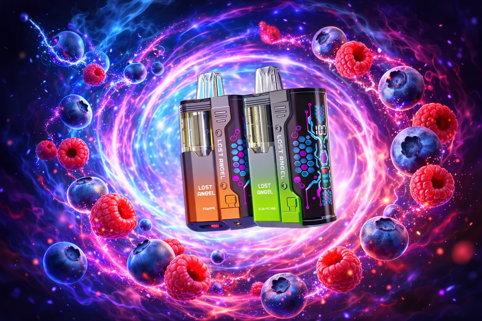 Three colorful vape devices labeled “LOST ANGEL” are displayed against a vivid cosmic background. Each device features unique designs, including flavor names like “FRAPPE” and “ICY MIX MAX,” with one showing a digital display and hexagonal pattern. Surrounding neon light swirls in pink, purple, and blue, along with floating raspberries and blueberries, create a dynamic and fruity atmosphere.