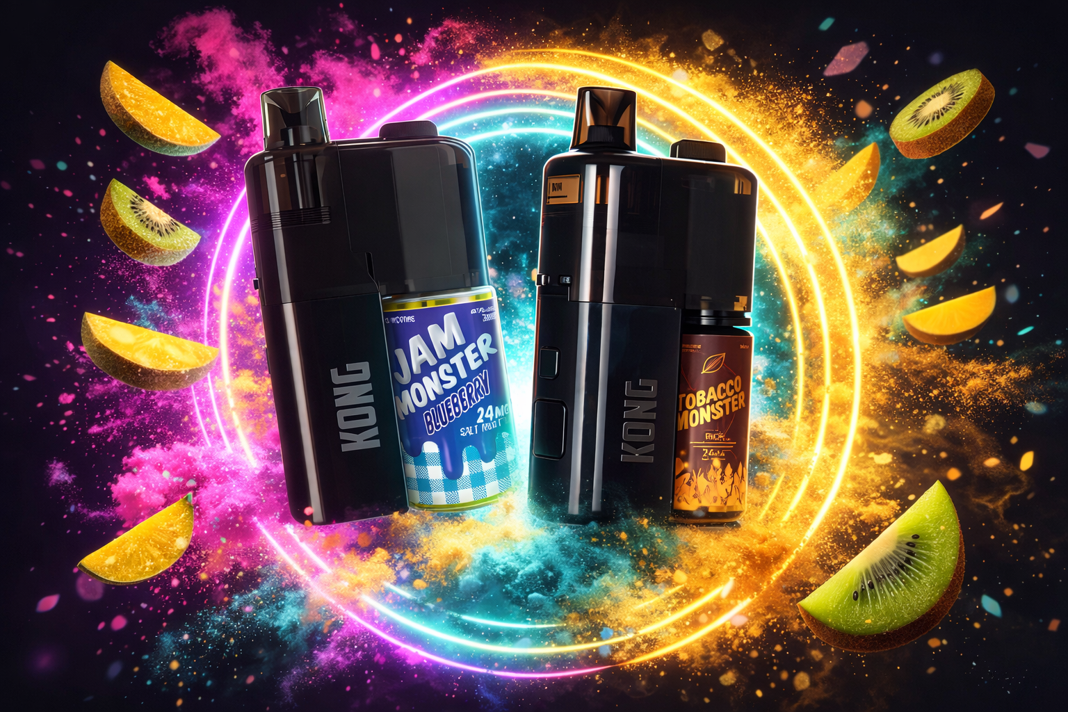 Two black vaping devices labeled “KONG” are positioned alongside matching e‑liquid bottles. On the left, the bottle reads “JAM MONSTER BLUEBERRY 24MG SALT NIC” with a blue checkered design, while the right bottle shows “TOBACCO MONSTER 24MG” in brown and gold with a leaf icon. The vibrant background of neon rings, colorful powder bursts, and floating kiwi and orange slices creates a dynamic promotional composition.