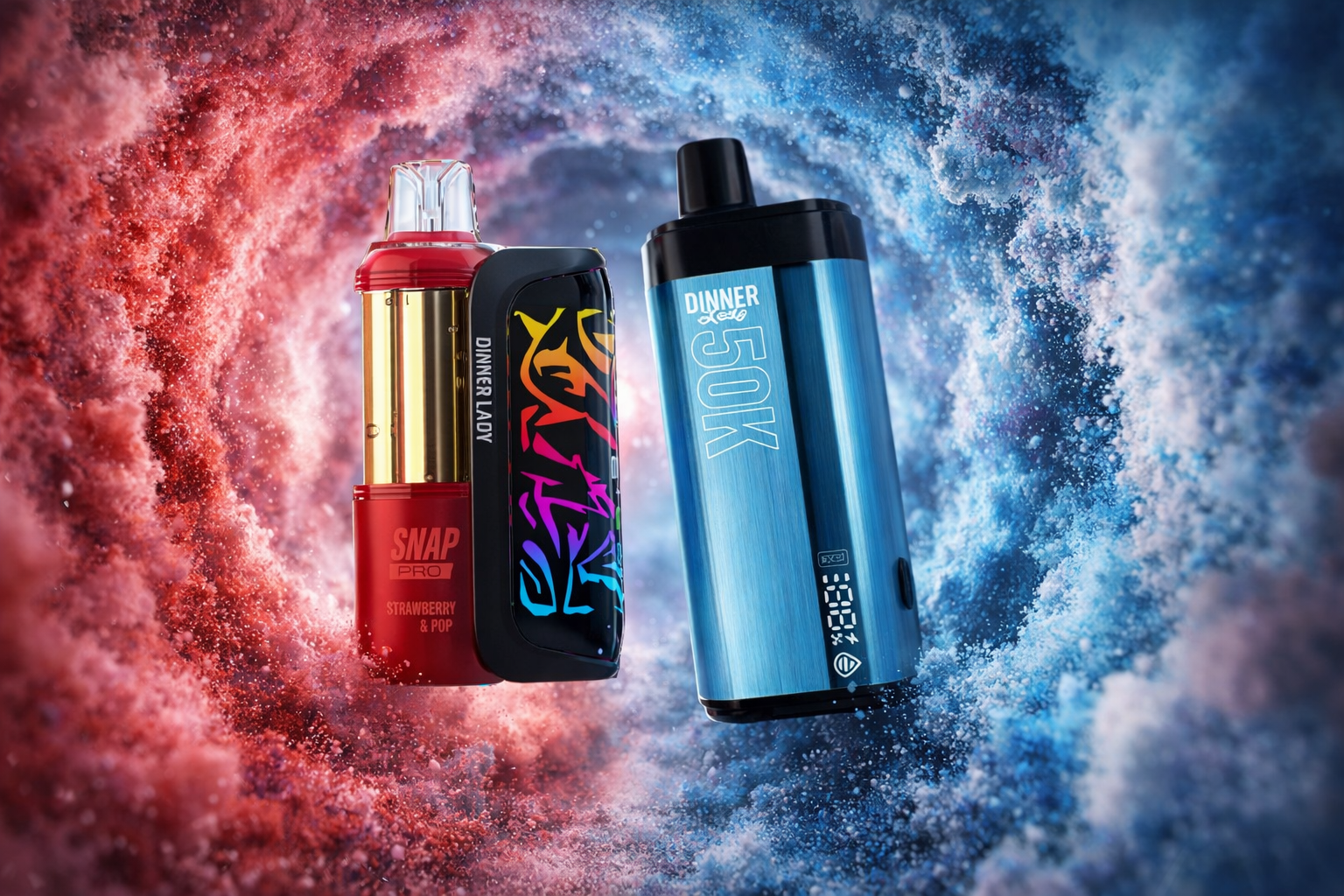 Two vape devices are displayed against a swirling background of red and blue vapor clouds. The red and gold device is labeled “SNAP PRO” with “STRAWBERRY & POP” and “DINNER LADY” branding, while the metallic blue device shows “DINNER LADY 50K” with a digital display near the bottom. The dynamic mix of colors and smoke highlights the sleek design and bold flavor themes in a striking promotional composition.