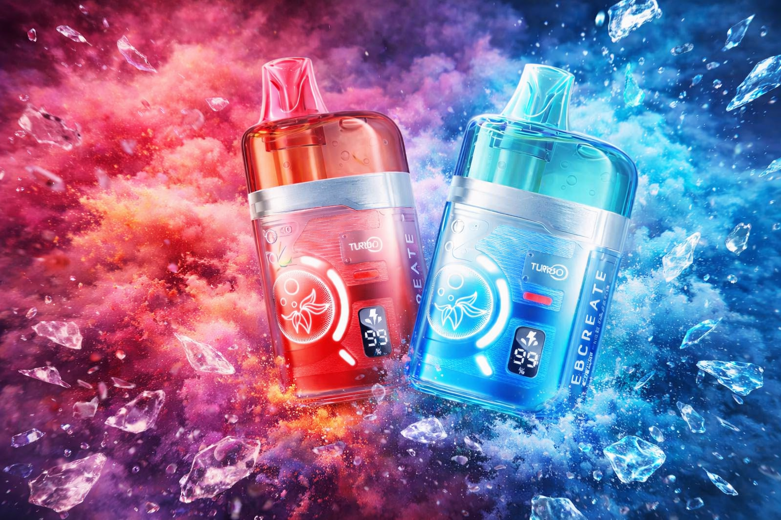 Two sleek vaping devices stand side by side, one in bold red and the other in cool blue. Their futuristic metallic design features illuminated circular patterns with a stylized logo, along with digital screens displaying “99.” The background bursts with swirling red, pink, and blue clouds mixed with shards of ice, creating a dramatic contrast of warm and cool tones.