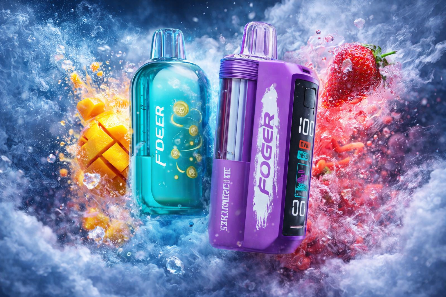 The photo shows two colorful vape devices surrounded by splashes of liquid and fruit imagery, creating a vibrant and energetic scene. The left device is turquoise blue with the text “FOGER,” placed near a sliced mango with droplets and bubbles, while the right device is purple with “FOGER” printed vertically and a digital display showing “100” and “00.” Behind them, swirling water, vapor effects, and a strawberry with red liquid splashes emphasize fruity freshness and dynamic motion.