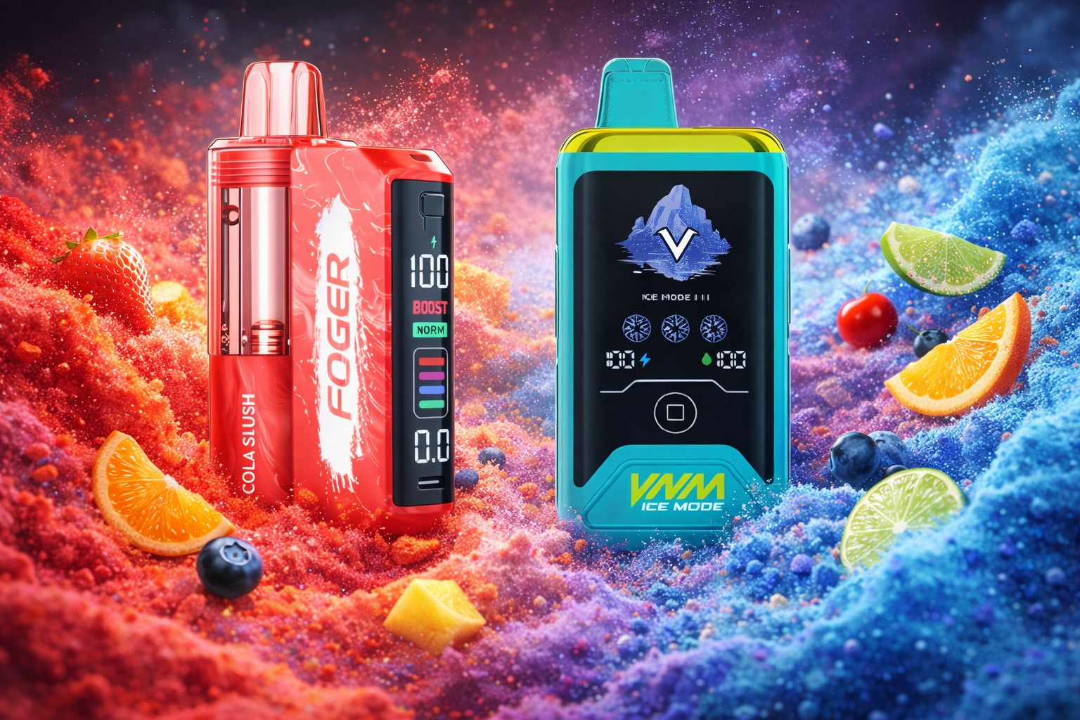 The photo shows two colorful electronic vape devices placed in a vibrant fruit-themed setting. The red device is labeled “FOGER COLA SLUSH” with a display showing indicators like “100,” “BOOST,” and “NORM,” while the turquoise and yellow device is marked “VVM ICE MODE” with a screen featuring a mountain image, snowflake icons, and digital power levels. Surrounding them are bright powders and fruits including strawberries, orange slices, lime, blueberries, and cherries, creating a dynamic composition that emphasizes freshness and bold flavor variety.