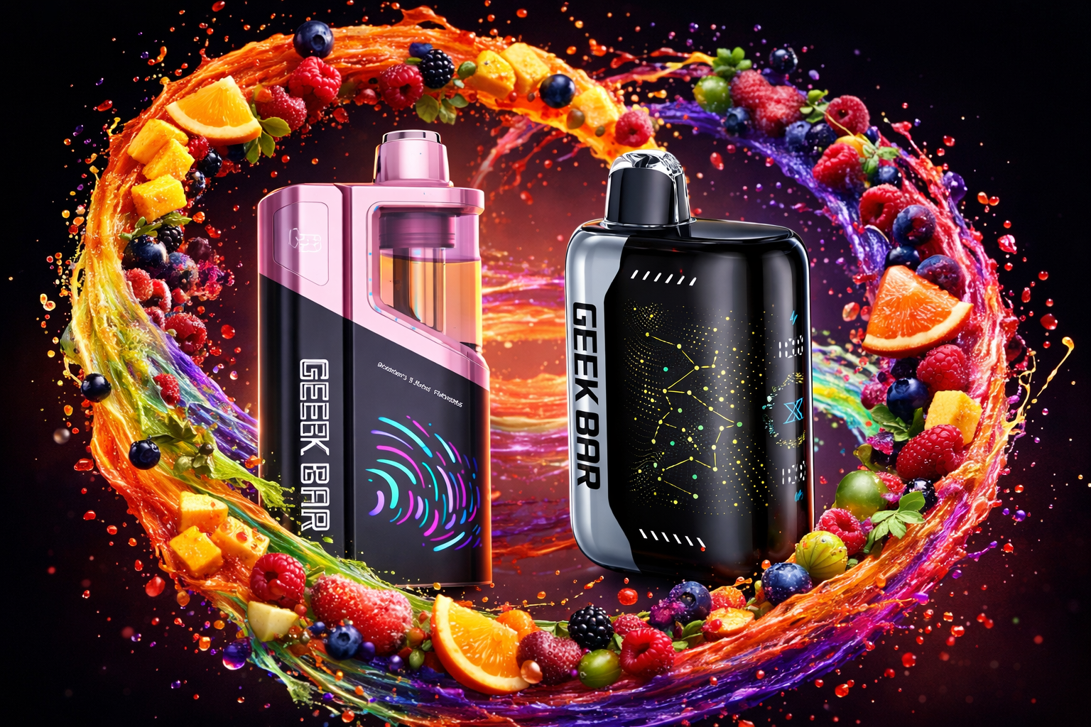 Two brightly colored vape devices labeled “GEEK BAR” are surrounded by a circular splash of mixed fruit and juice. The pink-and-black device features swirl graphics with a transparent tank, while the black device displays neon green and yellow constellation-like patterns. Oranges, raspberries, blueberries, blackberries, strawberries, and mango pieces create a vibrant ring against the dark background, emphasizing fruity freshness and bold design.