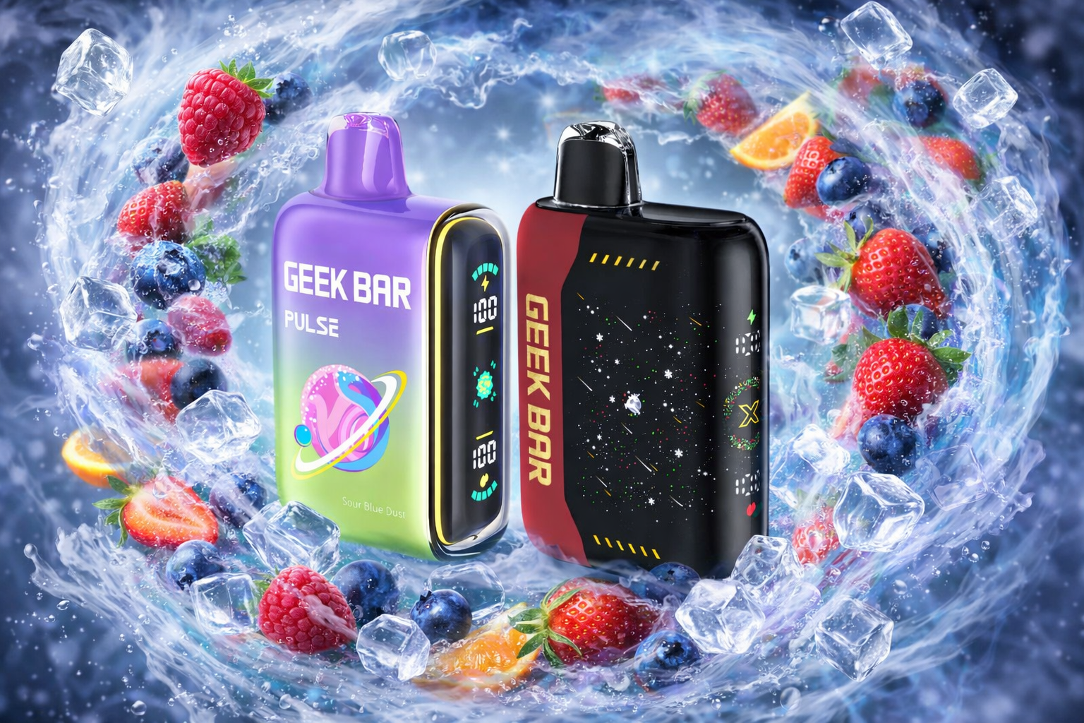 The photo shows two colorful vaping devices surrounded by swirling water, ice cubes, and assorted fruits like strawberries, raspberries, blueberries, and orange slices. The left device is labeled “GEEK BAR PULSE” with a gradient of purple, green, and yellow and the text “Sour Blue Dust,” while the right device is black and red with a space‑themed galaxy design labeled “GEEK BAR.” The dynamic composition with water, ice, and fruit highlights freshness, bold flavors, and energetic branding.