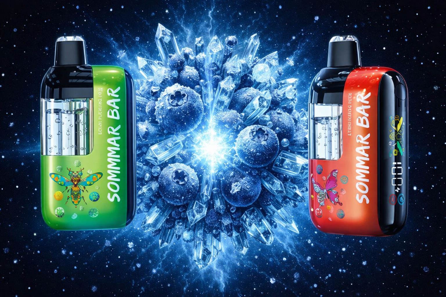 Two colorful vape devices labeled “SOMMAR BAR” stand on either side of glowing blueberries and crystalline structures. The green device features a beetle illustration, while the red device shows a butterfly, both with transparent sections revealing liquid and bubbles inside. A cosmic background of stars and radiant light enhances the futuristic composition, blending natural fruit imagery with bold design.