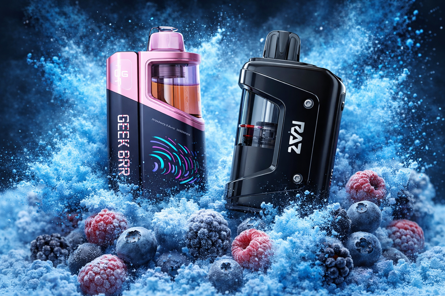 The photo shows two sleek vaping devices placed among frozen berries and a cloud of blue powder-like vapor. One device is pink and black with the text “GEEK BAR” and a colorful fingerprint design, while the other is black with “RAZ” printed on it. The vibrant contrast of icy berries and neon-like particles creates a dynamic, promotional atmosphere highlighting the products.
