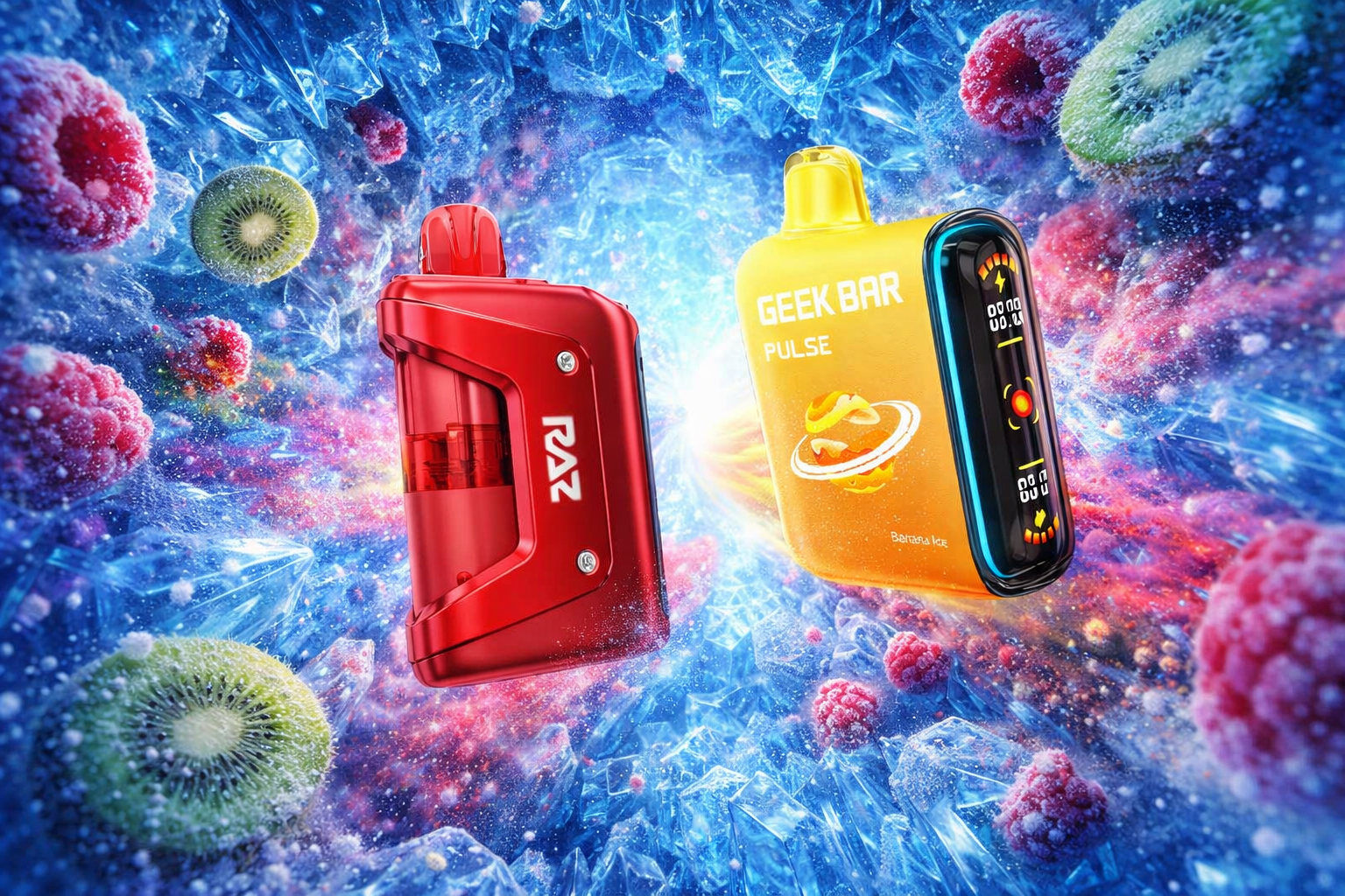 Two brightly colored vape devices are set against a cosmic-style background filled with ice crystals and frozen fruit. The red device is labeled “RAZ,” while the yellow-orange device labeled “GEEK BAR PULSE” features a digital display and the text “Banana Ice” beneath a planet graphic. Surrounding raspberries, kiwi slices, and crystalline textures create a striking, futuristic composition that emphasizes cool fruity flavors and high-tech design.