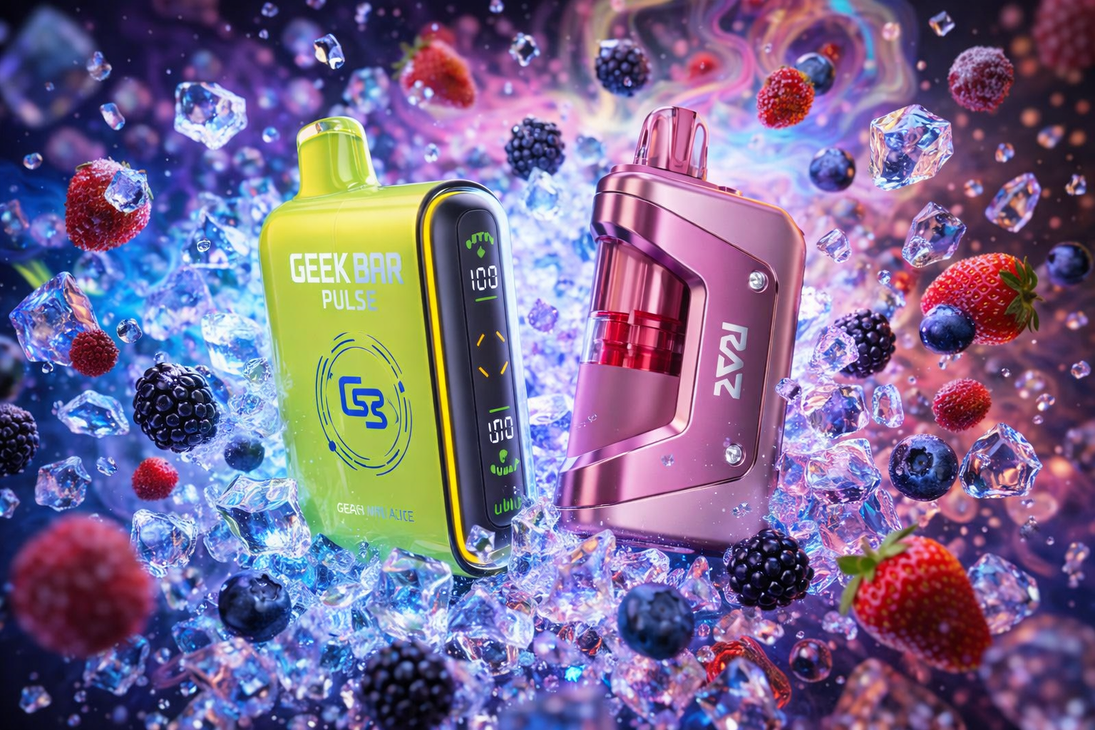 The photo shows two colorful vape devices surrounded by floating ice cubes and assorted berries. The bright green device is labeled “GEEK BAR PULSE” with a digital display showing battery and puff indicators, while the metallic pink one reads “RAZ” with a transparent section revealing its internal components. A vivid swirl of purple, blue, and pink hues in the background enhances the dynamic atmosphere, blending sleek technology with fruity freshness.