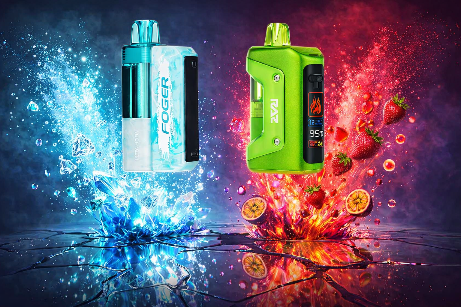 The photo shows two electronic vaping devices placed side by side against a dramatic background. The left device, labeled “FOGER,” has a transparent icy blue design surrounded by shards of ice and splashes of water, symbolizing cool freshness. The right device, labeled “RAZ,” is bright green with a digital display showing a flame icon and “95°,” surrounded by fiery red and orange bursts with strawberries and passion fruits, creating a striking contrast of cold and intense flavors.