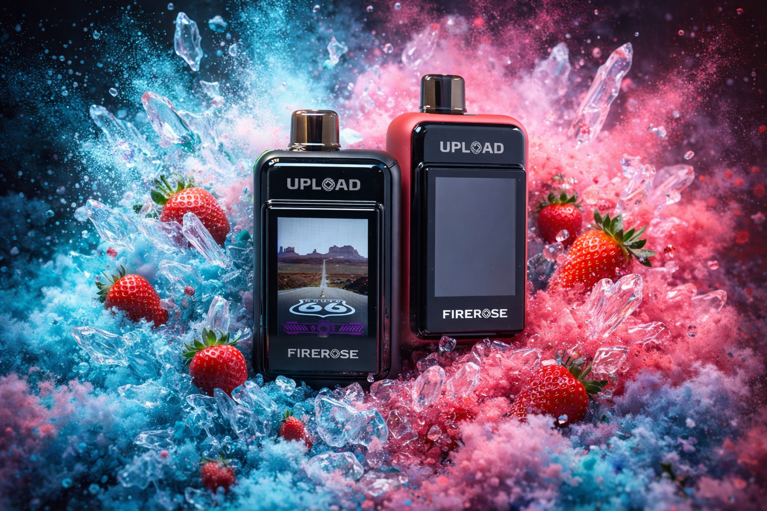 The photo shows two vape devices labeled “UPLOAD FIREROSE” placed among strawberries, crystal-like shards, and colorful powder effects. One device has a display showing a Route 66 road scene with desert imagery, while the other has a blank screen. Vibrant blue and pink smoke in the background creates a dynamic, artistic atmosphere that blends technology with bold visual energy.