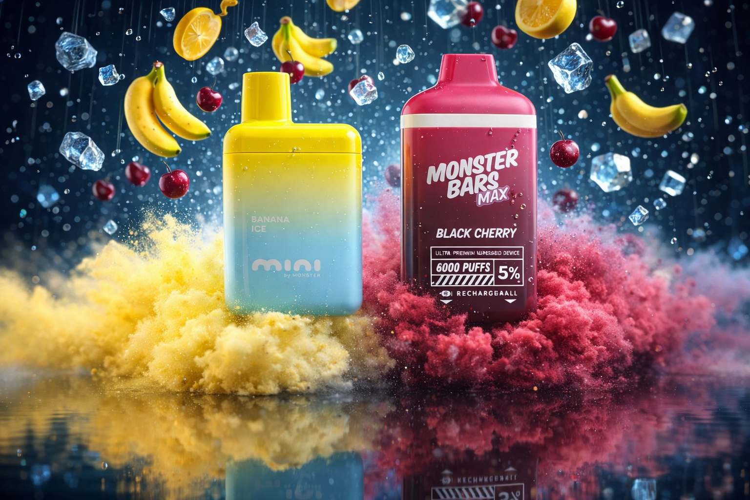 The photo shows two colorful vape devices surrounded by floating fruit slices and ice cubes. The left device has a yellow-to-blue gradient labeled “mini by monster BANANA ICE,” while the right one is a red-to-pink gradient labeled “MONSTER BARS MAX BLACK CHERRY” with additional text such as “ULTRA PREMIUM NANOMESHED DEVICE” and “6000 PUFFS.” Splashes of yellow and red powder, glossy reflections, and fruits like bananas, cherries, and lemon slices create a vibrant composition that emphasizes fruity freshness and cooling intensity.