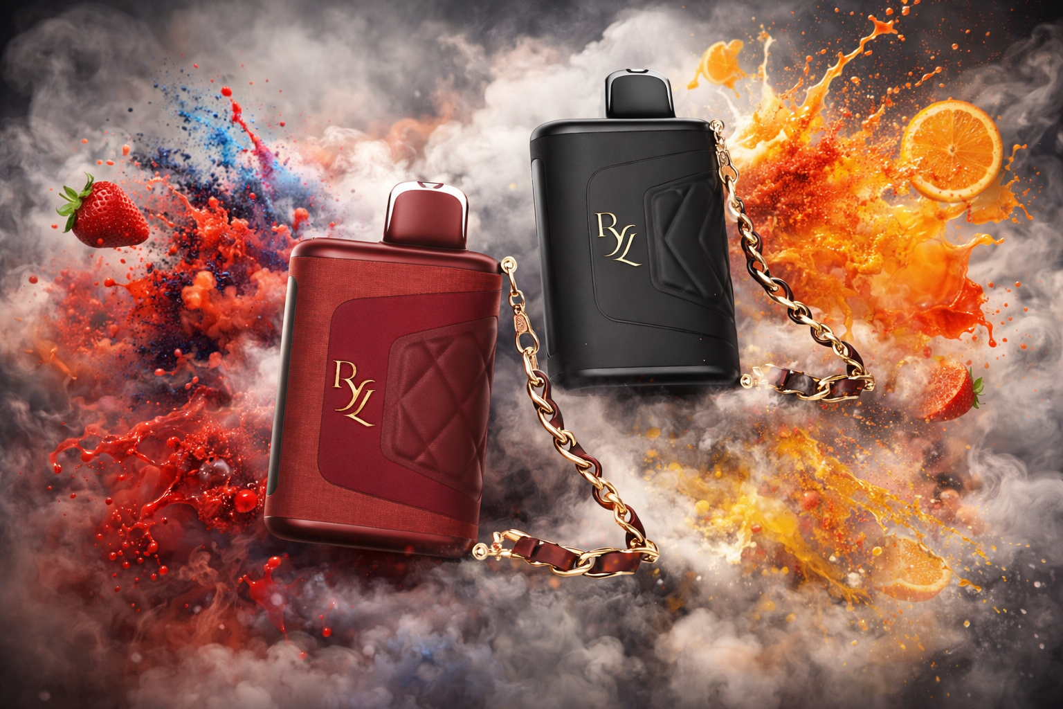 The photo shows two stylish perfume bottles with gold chain accents suspended against a dynamic, colorful background. The deep red bottle features quilted detailing with the gold letters “RYL,” while the matte black bottle carries the same logo in a sleek design. Vibrant splashes of color, smoke, strawberries, and orange slices surround them, creating a luxurious composition that blends sophistication with fruity fragrance notes.