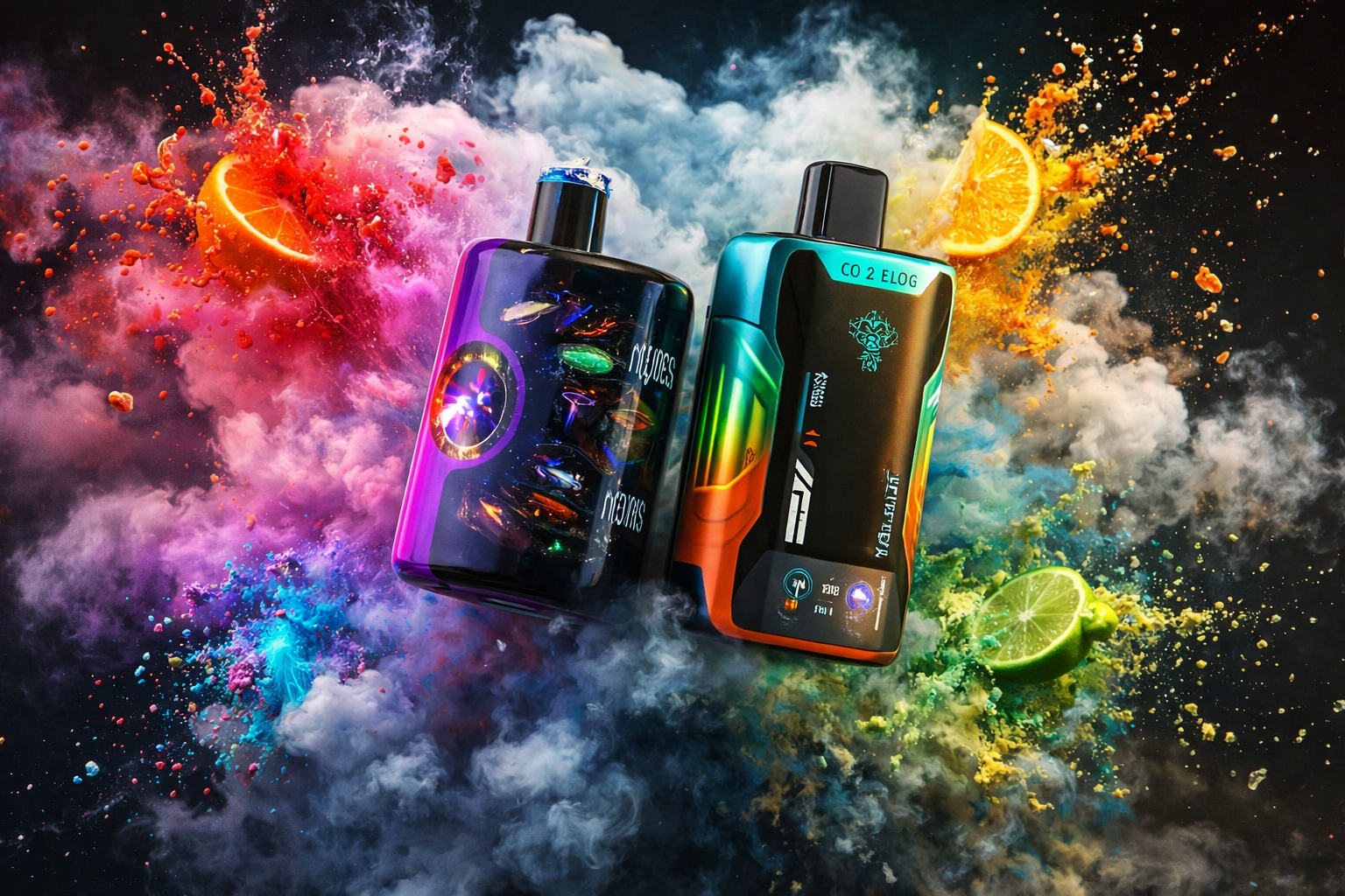 The photo shows two colorful electronic vaping devices placed against a vibrant background of exploding colored powder and fruit slices. The left device has a glossy, galaxy-like surface with the text “MYVAPES,” while the right one features a sleek futuristic design with a display screen and markings including “CO 2 ELOG.” Dynamic bursts of red, orange, yellow, green, blue, and purple create an energetic composition that emphasizes freshness and bold flavor variety.