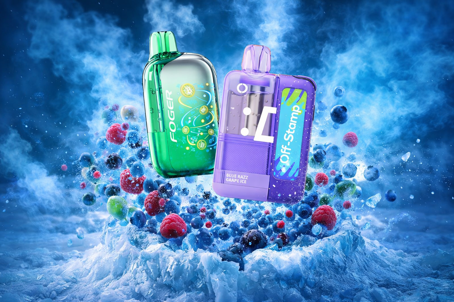 The photo shows two vape devices placed in front of a dynamic background of frozen berries and swirling blue mist. The green device is branded “FOGER” with decorative circular patterns, while the purple one is labeled “Off-Stamp BLUE RAZZ GRAPE ICE.” Ice shards, raspberries, blueberries, and other fruits create a vibrant, energetic atmosphere that emphasizes fruity and icy flavors.