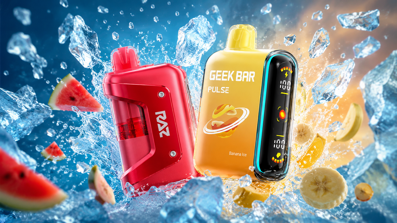 The photo shows two colorful vape devices surrounded by splashing ice cubes and fruit slices. The red device is labeled “RAZ,” while the yellow one with blue accents reads “GEEK BAR PULSE” and “Banana Ice.” Dynamic water effects with watermelon and banana pieces create a vibrant composition that emphasizes freshness and energetic flavor.