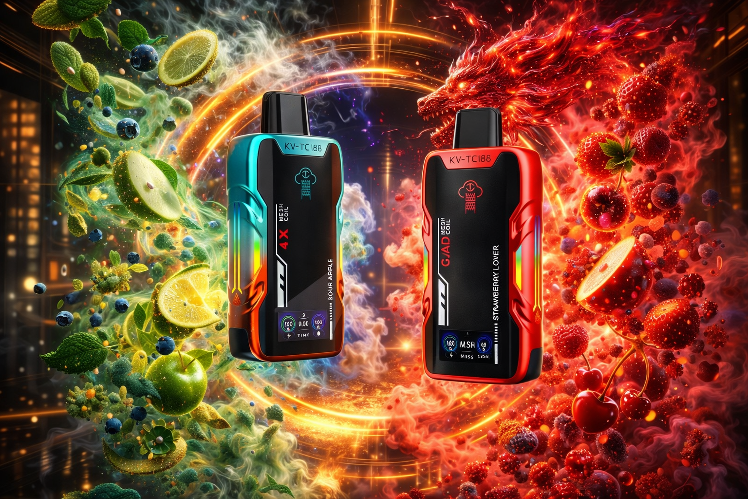 Two vape devices labeled “KV‑TC186” and “KV‑TC188” stand side by side in a dramatic fantasy composition of swirling vapor and fruit imagery. The left device, in turquoise and black, reads “SOUR APPLE” and is surrounded by green apples, lime slices, mint leaves, and blueberries amid glowing green mist. The right device, in red and black, reads “STRAWBERRY LOVER” and is enveloped by fiery red smoke with strawberries, cherries, and a dragon‑shaped flame. The contrasting colors and dynamic motion symbolize cool freshness versus warm intensity, highlighting flavor duality and energy.