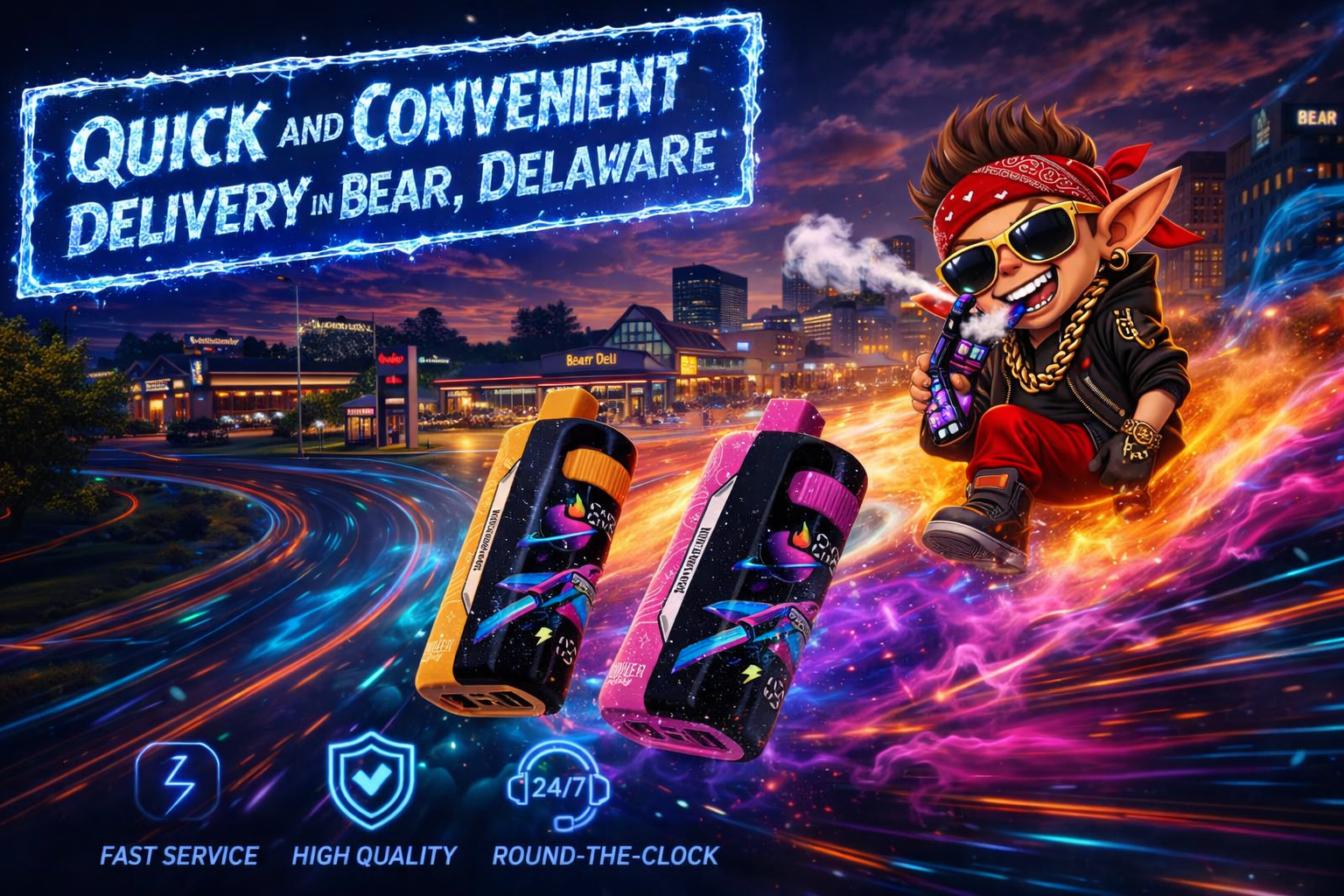 A colorful digital artwork advertising a vape delivery service in Bear, Delaware. A cartoon character with sunglasses, gold chain, and red bandana rides through a neon-lit cityscape while exhaling vapor and holding a glowing vape device. Two large vapes with vibrant designs—one orange and one pink—float beside him, surrounded by swirling light trails in blue, purple, and orange. The banner reads “Quick and Convenient Delivery in Bear, Delaware,” with icons for “Fast Service,” “High Quality,” and “Round-the-Clock” support.
