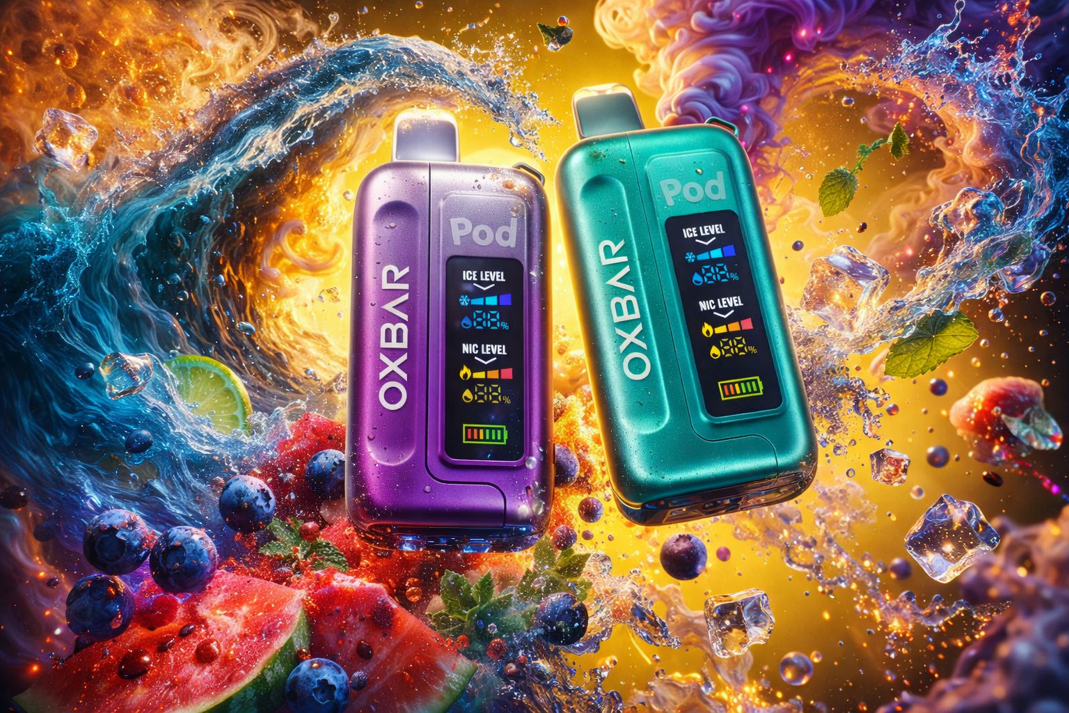 Two OXBAR Pod disposable vape devices floating against a vibrant cosmic background of swirling golden flames, blue water waves, and purple smoke clouds. The left device features a metallic purple finish and the right one a teal/turquoise finish, both equipped with prominent LCD screens displaying Ice Level, Nic Level, and battery percentage indicators. Fresh fruits including watermelon slices, blueberries, a lime wedge, and peach pieces are scattered throughout the scene alongside floating ice cubes and dynamic water splashes. The detailed digital displays and dual-device presentation highlight the product's smart technology features while the colorful, energetic composition reinforces a premium, flavorful experience