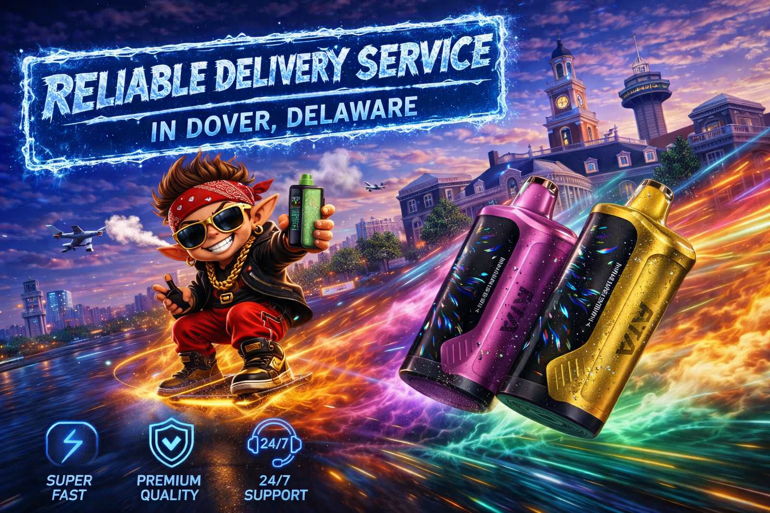 A vibrant digital illustration shows a futuristic cityscape of Dover, Delaware, with recognizable landmarks such as the city hall and control tower glowing under a colorful sunset sky. In the foreground, two large vape devices—one purple and one gold—appear covered in water droplets, surrounded by streaks of neon light. A cartoon character wearing sunglasses, a red bandana, and gold chains rides a hoverboard while holding a green vape, exhaling vapor with a confident grin. The image features bold text reading “Reliable Delivery Service in Dover, Delaware” and icons for super‑fast service, premium quality, and 24/7 support, creating a dynamic, high‑energy promotional scene.