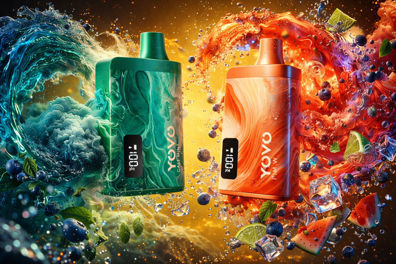 Two YOVO vape devices are displayed in a vivid composition of swirling color and motion. The green device, labeled “DALI MINT,” is surrounded by cool blue‑green waves, mint leaves, blueberries, and ice cubes, evoking freshness and chill. The orange device, labeled “PM W,” stands amid fiery red‑orange liquid with watermelon, lime, and berries, symbolizing warmth and fruity intensity. The contrasting tones create a dynamic visual balance between cool mint and vibrant fruit flavors, highlighting sleek design and energy.