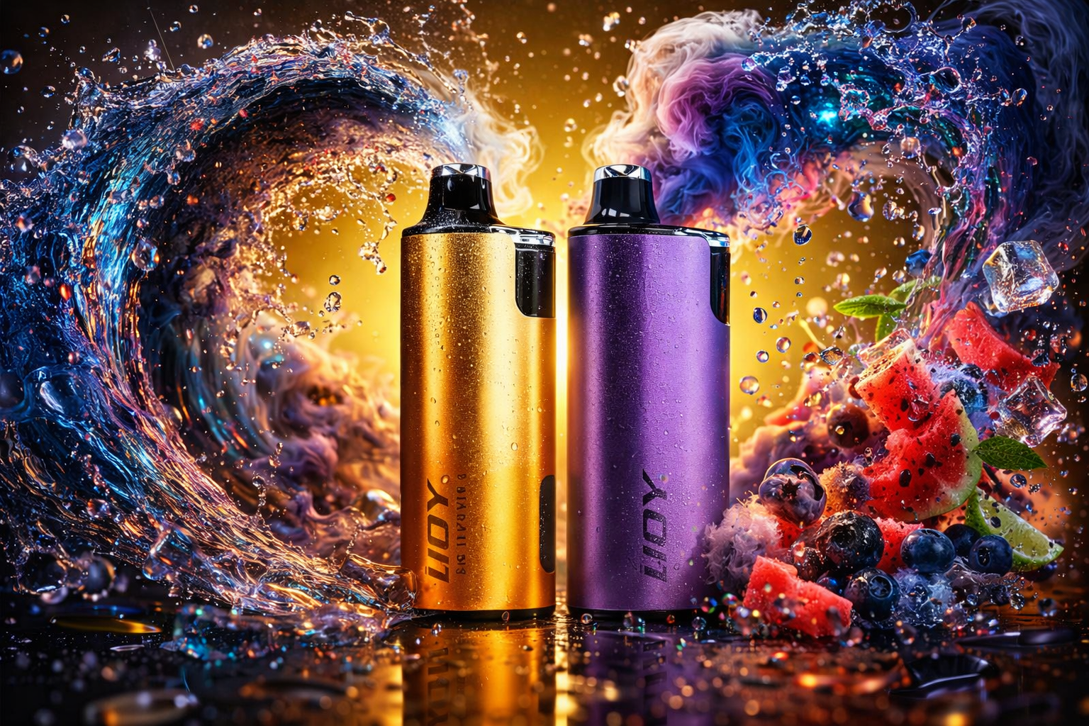 Two “LIOY” vape devices stand side by side amid swirling waves of vapor, water, and fruit. The left device glows in metallic gold labeled “DIAM II 9.3,” while the right one shines in deep purple, both covered with droplets that emphasize freshness. Around them are splashes of water, ice cubes, watermelon pieces, blueberries, lime slices, and mint leaves, creating a dynamic sense of flavor and energy. The composition contrasts warm and cool tones, symbolizing intensity and modern design through vibrant color and motion.