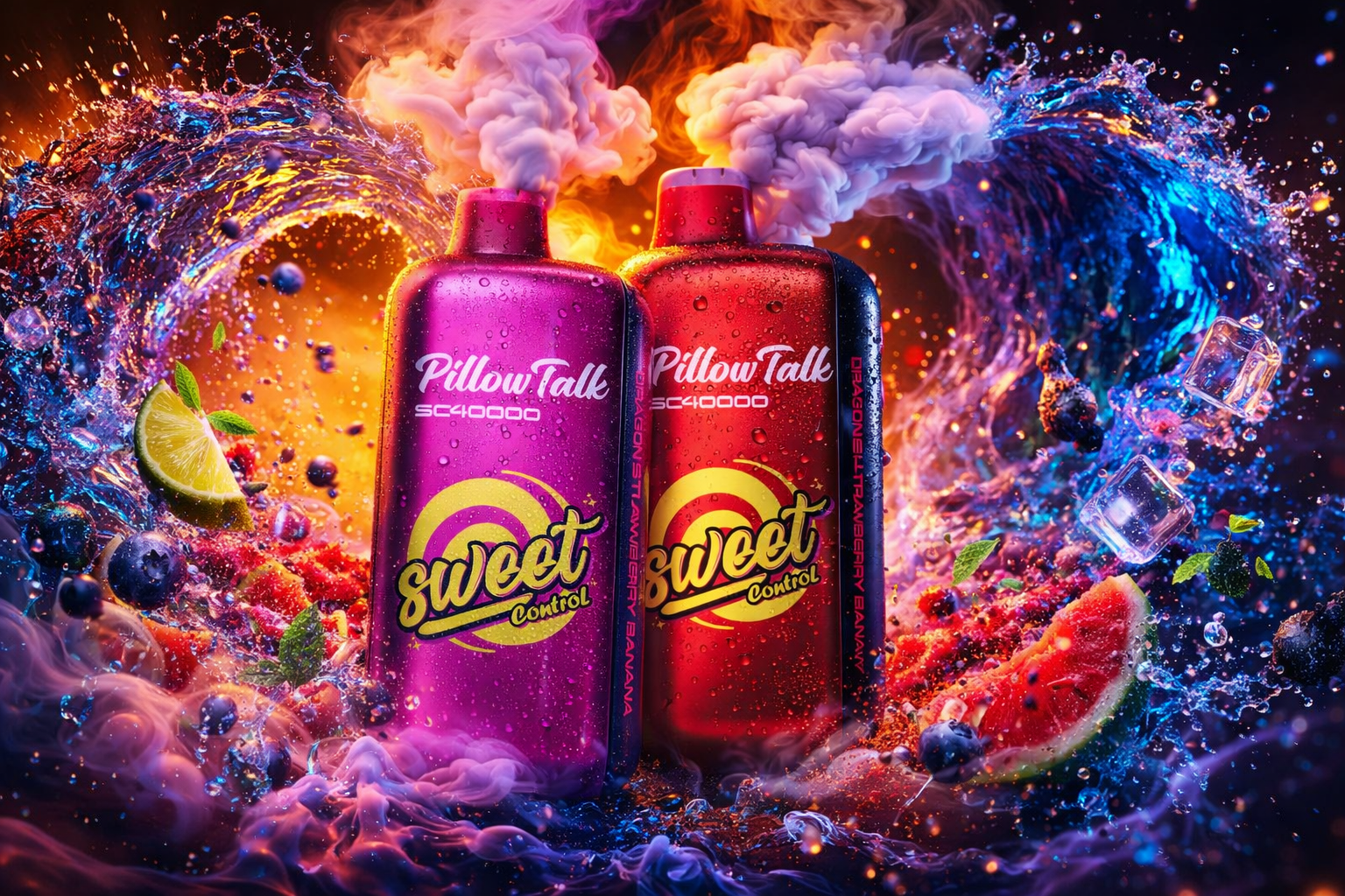 Two “Sweet Control Pillow Talk SC40000” vape devices stand side by side amid swirling waves of vapor, water, and fruit. The left device glows in magenta tones, while the right one shines in red, both covered with droplets and emitting thick clouds of vapor. Around them are splashes of water, ice cubes, blueberries, lime slices, mint leaves, strawberries, and watermelon pieces, creating a dynamic sense of freshness and flavor. The composition emphasizes energy, sweetness, and modern design through vibrant color contrast and motion.