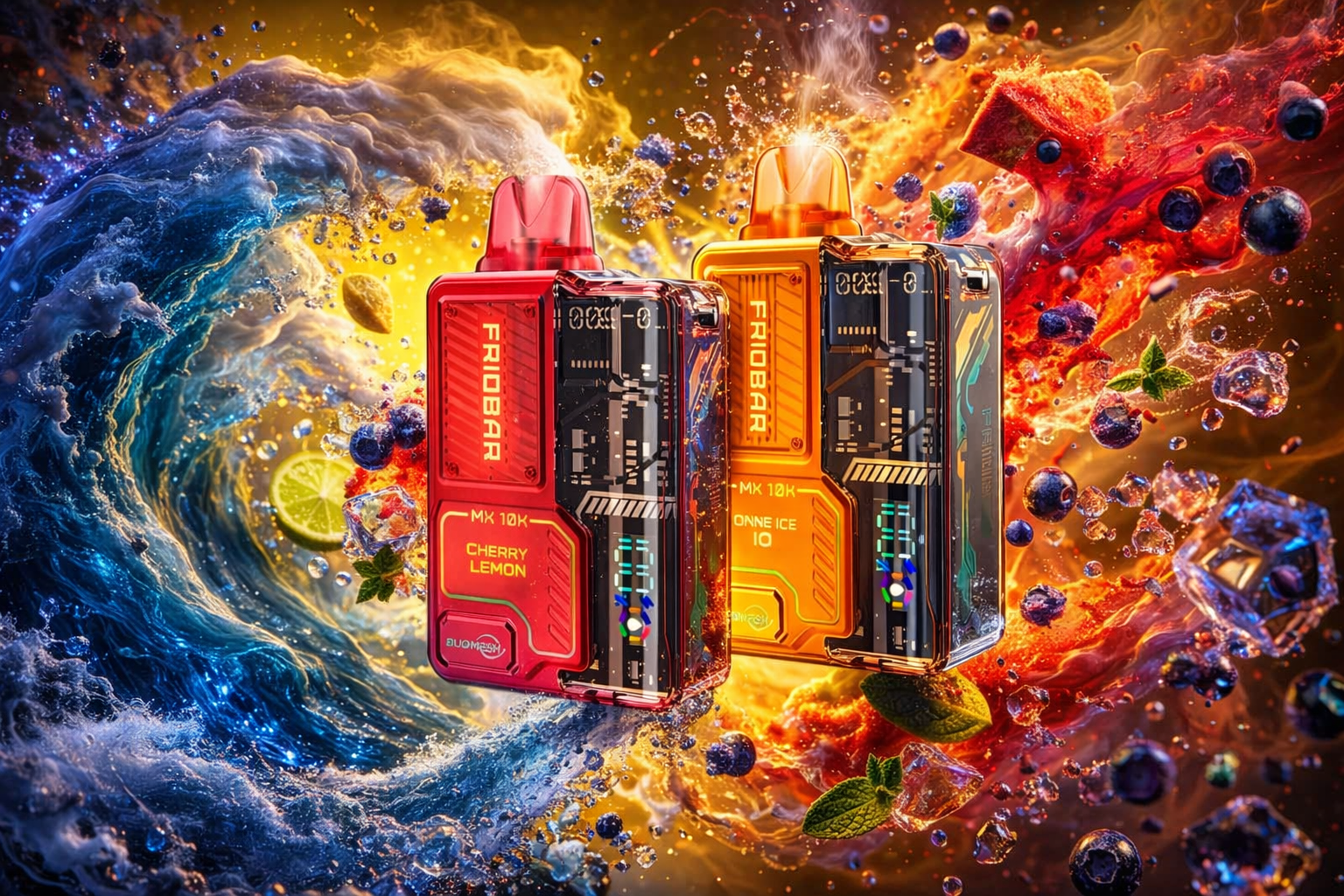 Two futuristic vape devices labeled “FRIOBAR MX 10K” stand side by side against a vivid, swirling background of blue and fiery orange waves. The red device features the flavor “Cherry Lemon,” while the orange one shows “Onne Ice IQ,” both emitting vapor from their tops. The scene bursts with dynamic motion — blueberries, lime slices, mint leaves, and ice cubes swirl through water and flame. The composition evokes a sense of contrast between cool freshness and warm intensity, highlighting the devices’ bold design and flavor energy.