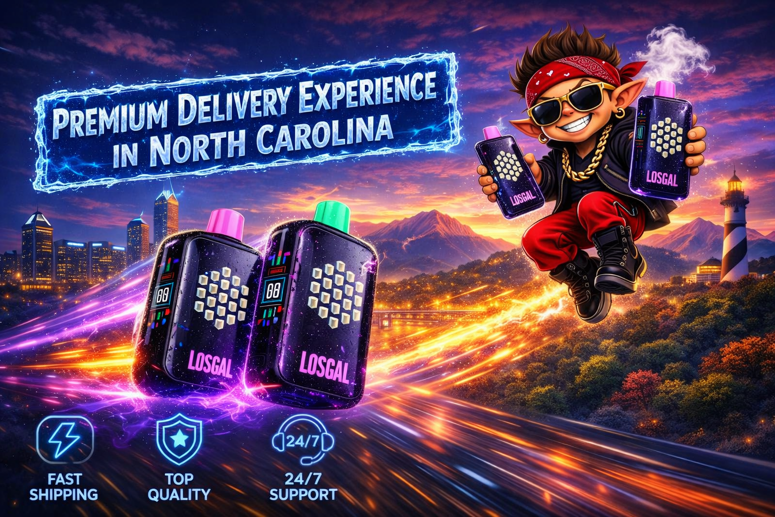 A vibrant digital illustration shows a futuristic cityscape at sunset with glowing skyscrapers, mountains, and a lighthouse in the background. In the foreground, three black Losgal vape devices with colorful caps and illuminated hexagonal patterns hover above neon light trails. A cartoon character wearing sunglasses, a red bandana, and gold chains rides a hoverboard while holding two of the vapes, surrounded by bright energy streaks. The image features bold text reading “Premium Delivery Experience in North Carolina” and icons for fast shipping, top quality, and 24/7 support, creating a dynamic, high‑tech promotional scene.