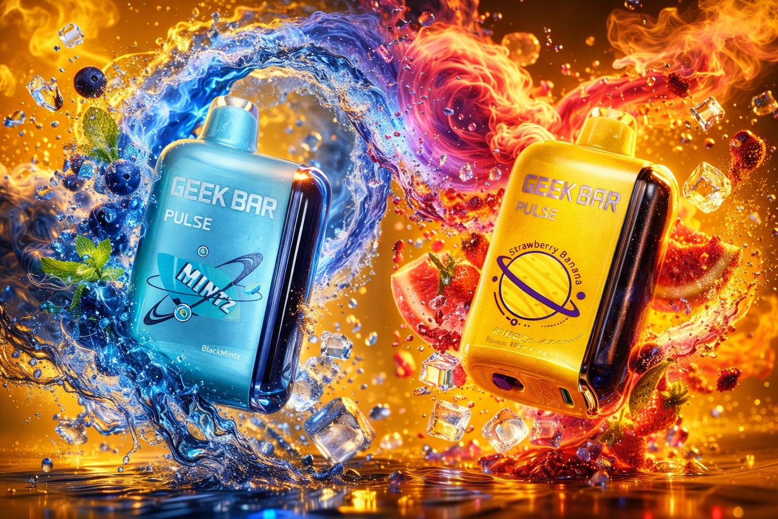 Two Geek Bar Pulse vape devices—one blue labeled Black Mintz and one yellow labeled Strawberry Banana—are surrounded by a dramatic swirl of water and fire. The blue device is encircled by cool waves, ice cubes, blueberries, and mint leaves, symbolizing freshness, while the yellow one glows amid fiery red tones, strawberries, and watermelon slices, evoking warmth and sweetness. Both feature sleek designs with planetary graphics and metallic accents. The composition contrasts cold and heat, creating a dynamic visual representation of flavor intensity and energy.