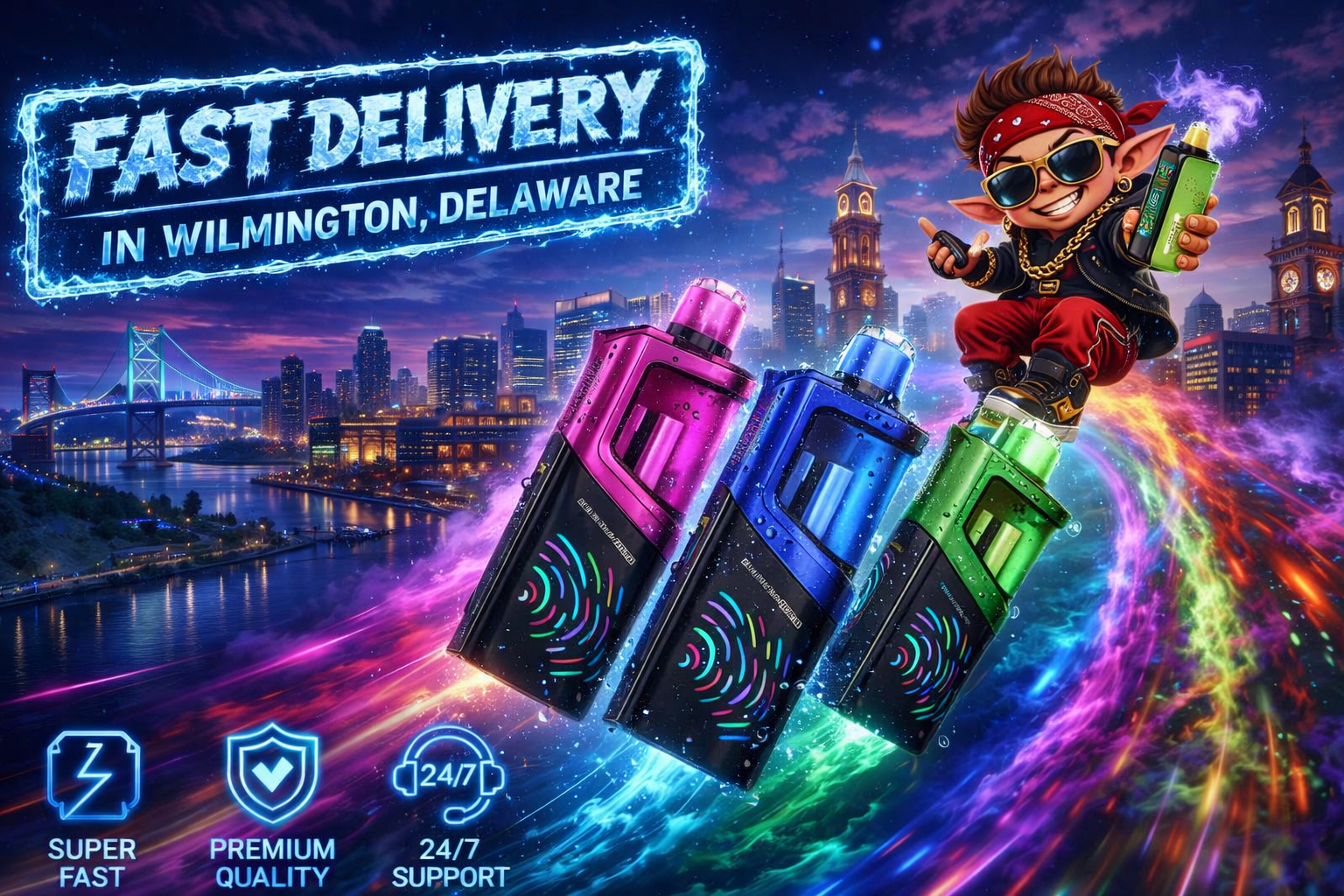 A vivid digital illustration shows a nighttime cityscape of Wilmington, Delaware, with glowing skyscrapers and a bridge reflecting on the river. In the foreground, three large vape devices—pink, blue, and green—emit bright neon trails of light. A cartoon character wearing sunglasses, a red bandana, and gold chains rides one of the devices like a hoverboard while holding another, surrounded by colorful energy streaks. The image features bold text reading “Fast Delivery in Wilmington, Delaware” and icons for super‑fast service, premium quality, and 24/7 support, creating a dynamic, futuristic advertisement.