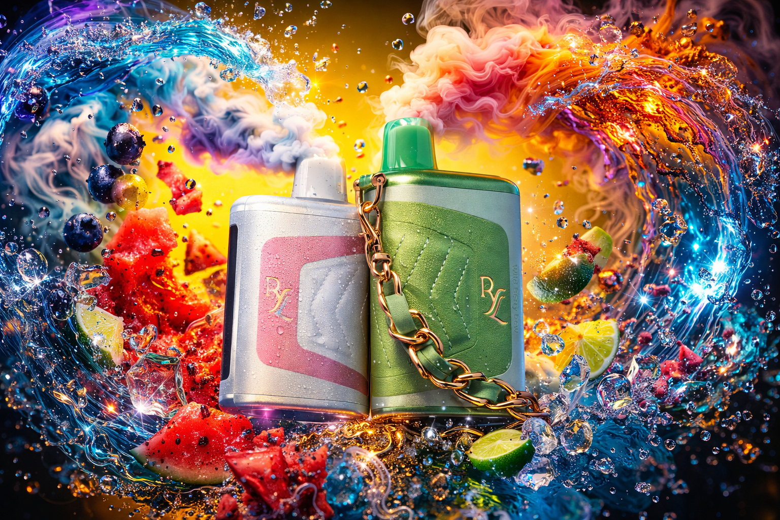 Two RL-branded disposable vape devices are linked together by a decorative gold chain — one in a sleek white and pink quilted design and one in a textured green leather-style finish with a matching green mouthpiece. The devices are surrounded by an explosion of fresh fruits including watermelon chunks, lime slices, and blueberries, set against a vivid swirling background of multicolored smoke in blue, pink, orange, and yellow tones. Splashing water and glittering light effects add a dynamic, high-energy feel to the overall composition, while the gold chain connecting the two devices introduces a luxury fashion-forward aesthetic. The unique purse-inspired design and premium detailing set these devices apart as a distinctly style-conscious product within the vape market.