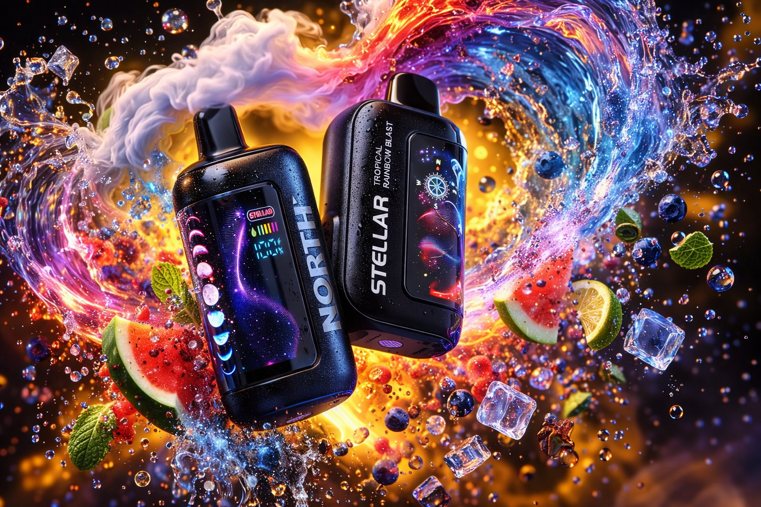 Two North Stellar disposable vape devices are displayed at dynamic angles against a dark background — the left device showing the 